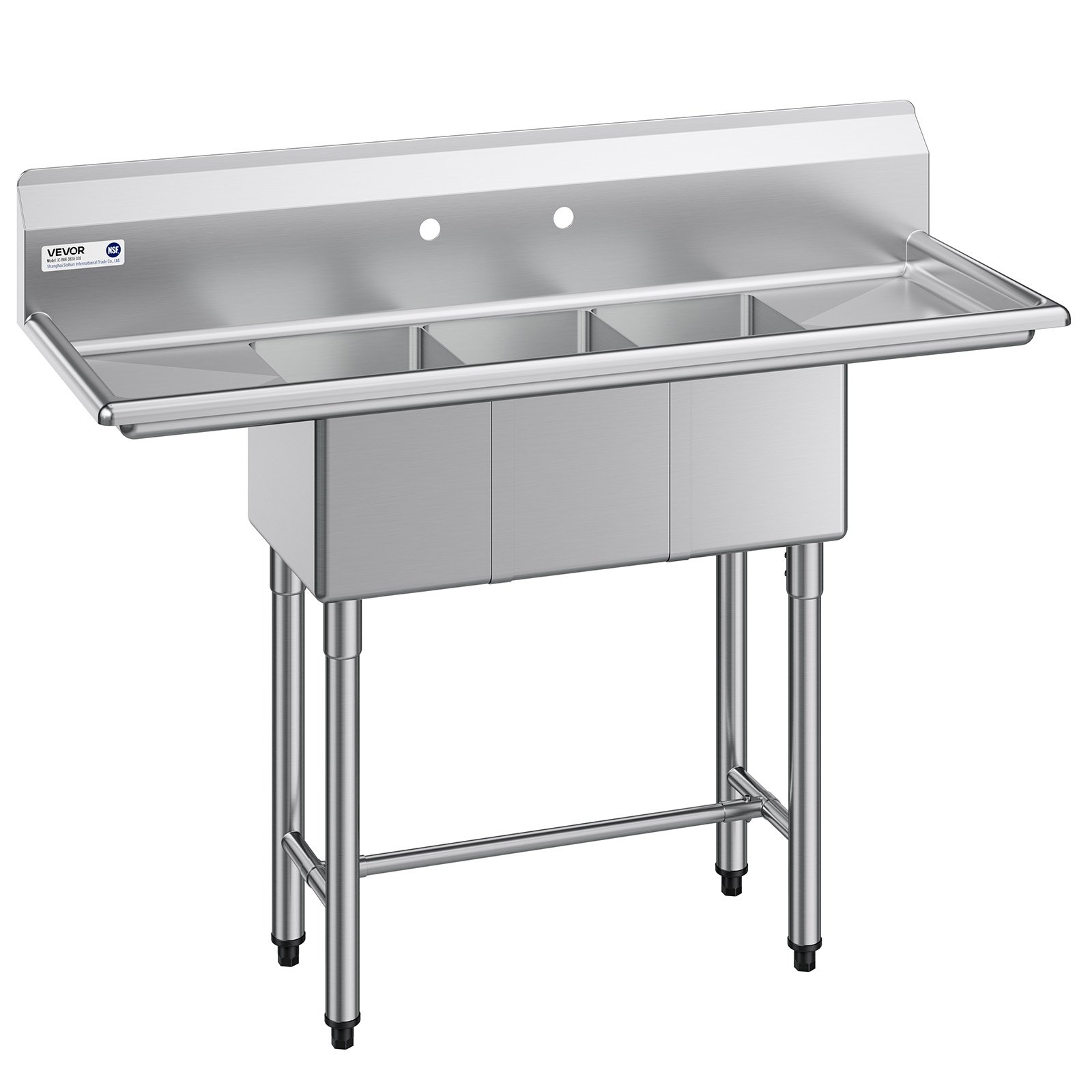 VEVOR Fregadero Independiente de 3 Compartimentos, Acero Inoxidable 304, Lavabo móvil de 1372 x 508 x 1097 mm con 2 Escurridores, Protector Antisalpicaduras para Cocina Restaurante Hogares Exteriores
