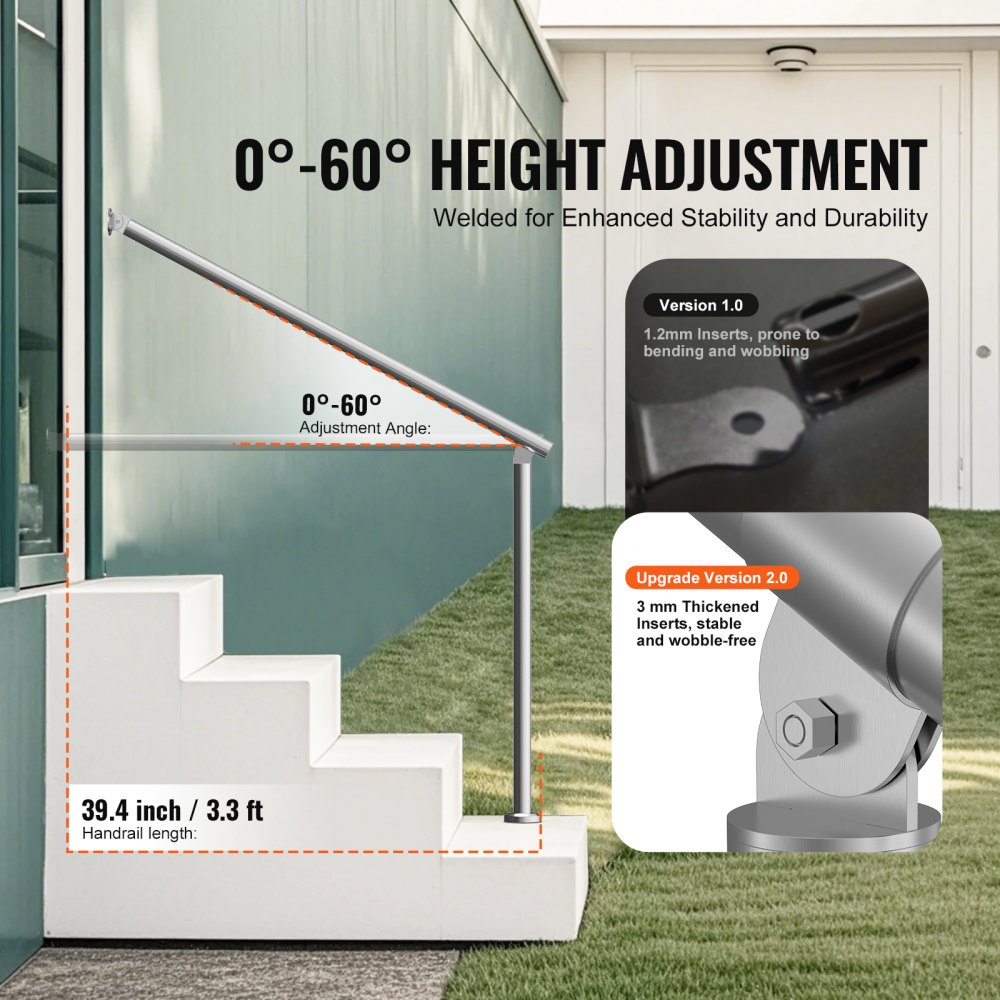 VEVOR Barandilla de Escalera 100 cm Pasamanos de Escalera para Escalones Exteriores de Acero Inoxidable Montaje en Pared y Suelo con Kit de Instalación para Personas Mayores, Porche, Terraza, Plata
