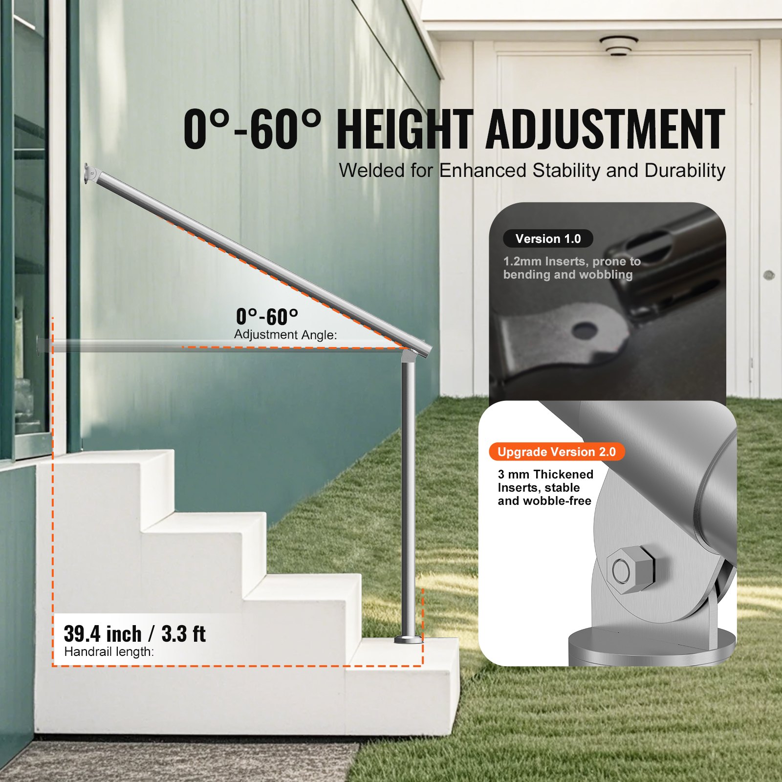 VEVOR Barandilla de Escalera 100 cm Pasamanos de Escalera para Escalones Exteriores de Acero Inoxidable Montaje en Pared y Suelo con Kit de Instalación para Personas Mayores, Porche, Terraza, Plata