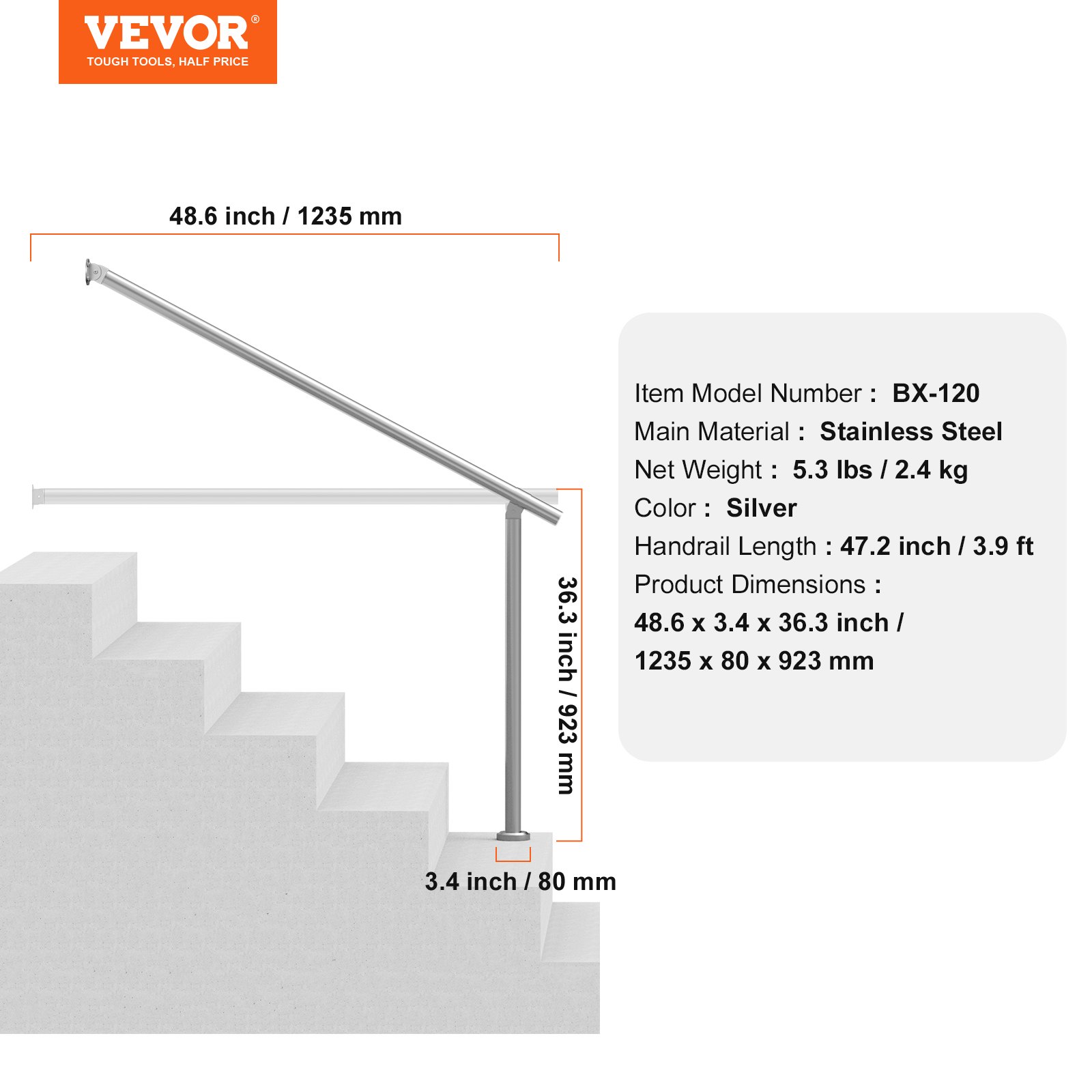 VEVOR Barandilla de Escalera 120 cm Pasamanos de Escalera para Escalones Exteriores de Acero Inoxidable Montaje en Pared y Suelo con Kit de Instalación para Personas Mayores, Porche, Terraza, Plata