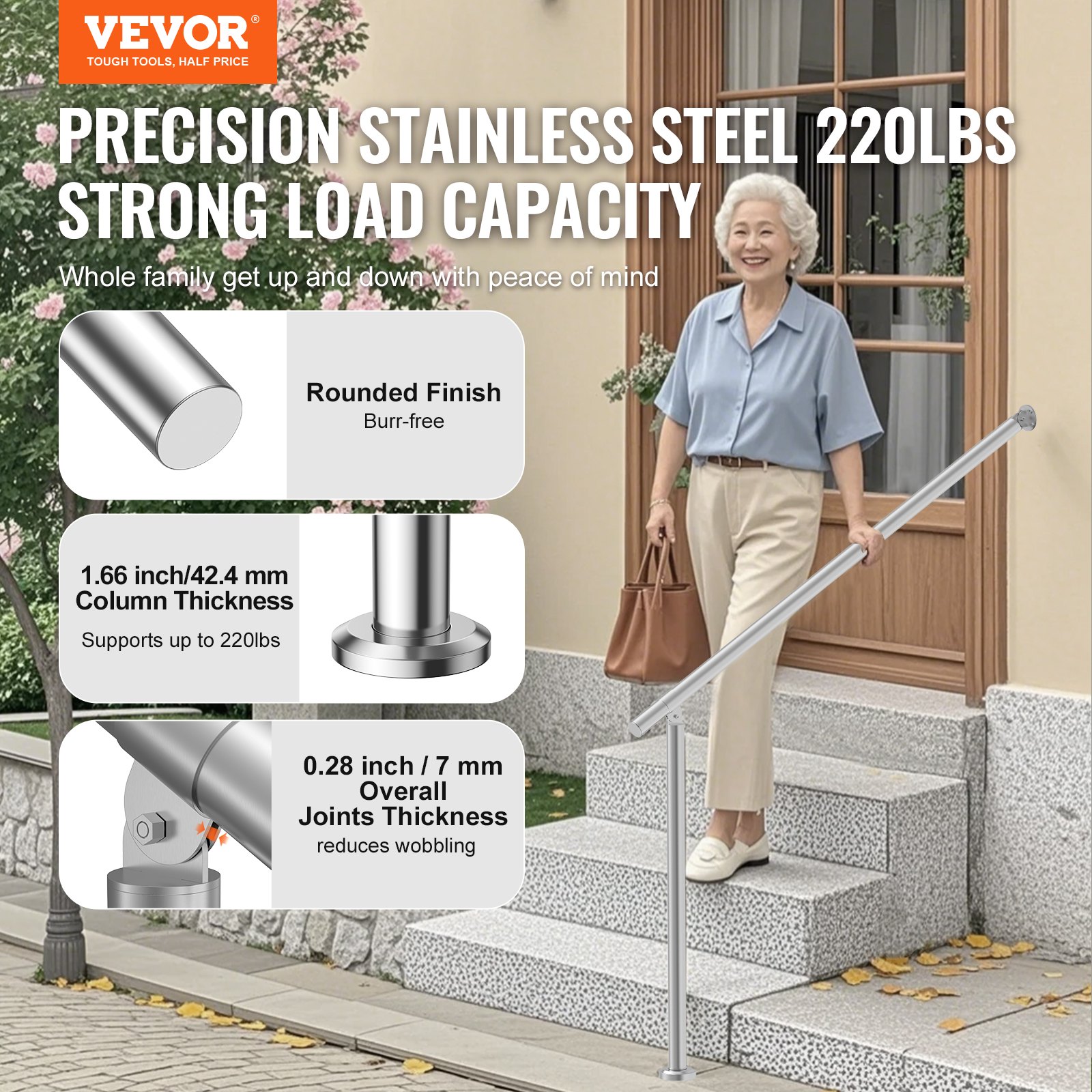 VEVOR Barandilla de Escalera 120 cm Pasamanos de Escalera para Escalones Exteriores de Acero Inoxidable Montaje en Pared y Suelo con Kit de Instalación para Personas Mayores, Porche, Terraza, Plata