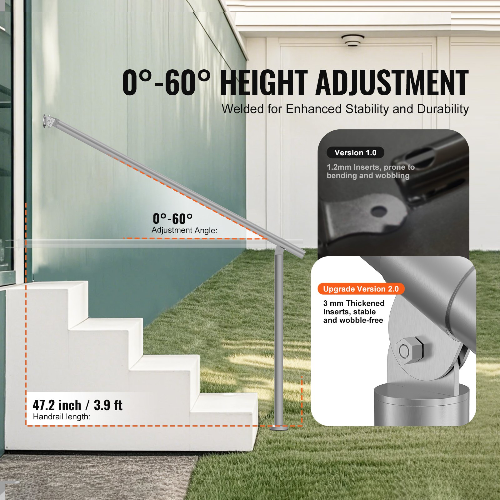 VEVOR Barandilla de Escalera 120 cm Pasamanos de Escalera para Escalones Exteriores de Acero Inoxidable Montaje en Pared y Suelo con Kit de Instalación para Personas Mayores, Porche, Terraza, Plata