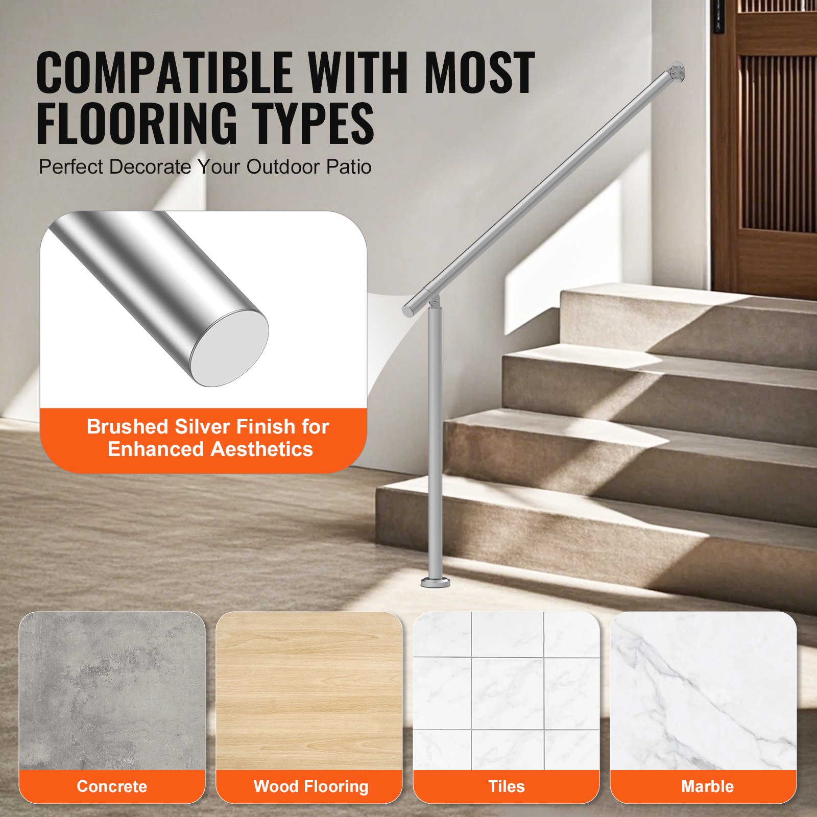 VEVOR Barandilla de Escalera 120 cm Pasamanos de Escalera para Escalones Exteriores de Acero Inoxidable Montaje en Pared y Suelo con Kit de Instalación para Personas Mayores, Porche, Terraza, Plata