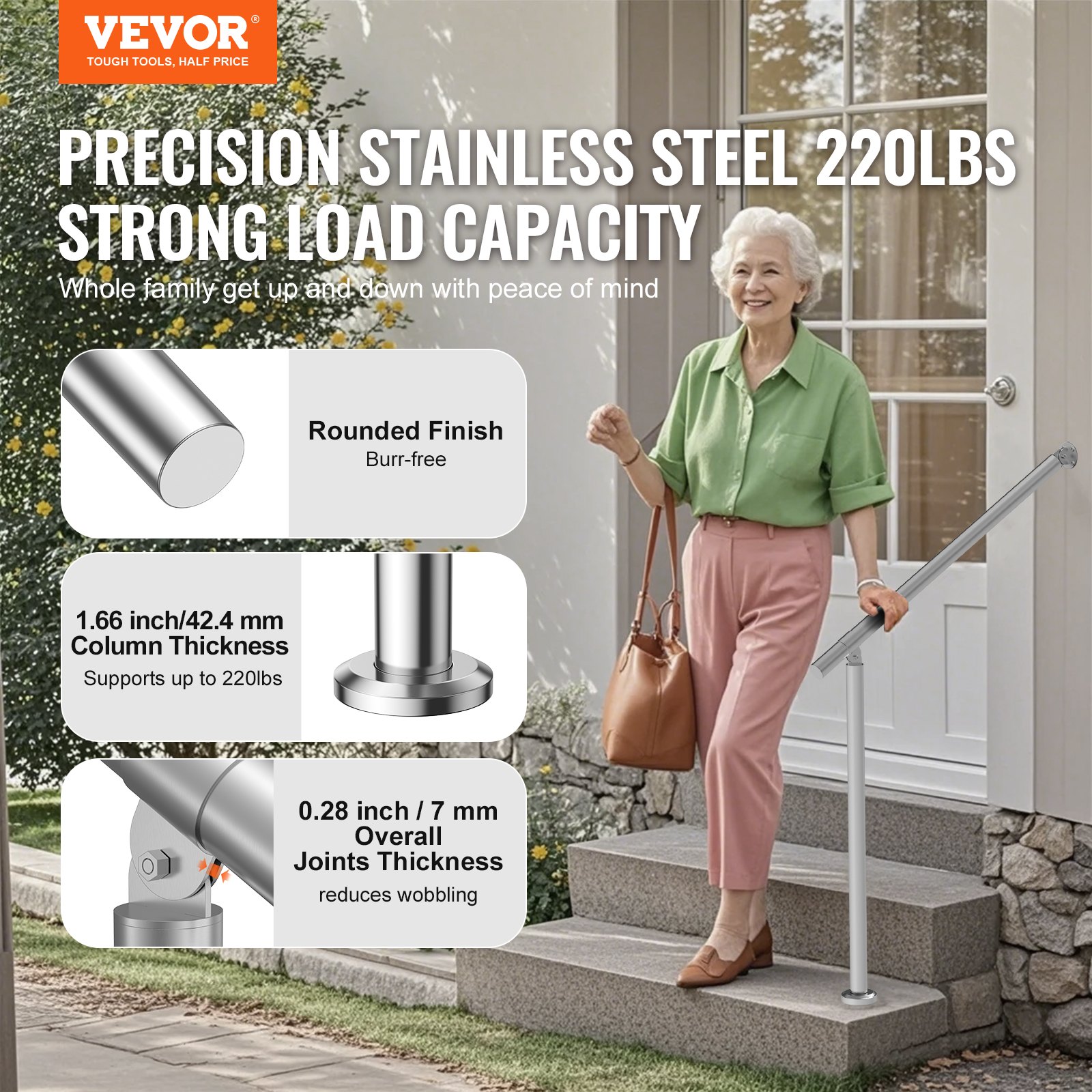 VEVOR Barandilla de Escalera 80 cm Pasamanos de Escalera para Escalones Exteriores de Acero Inoxidable Montaje en Pared y Suelo con Kit de Instalación para Personas Mayores, Porche, Terraza, Plata