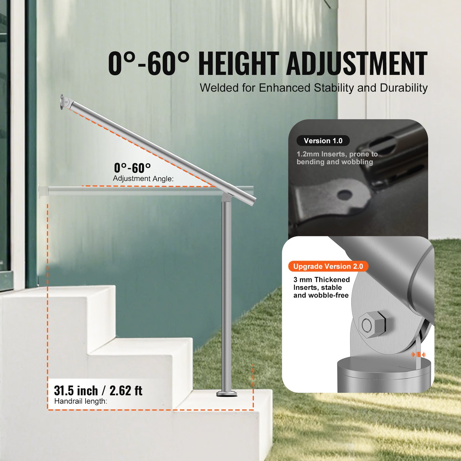 VEVOR Barandilla de Escalera 80 cm Pasamanos de Escalera para Escalones Exteriores de Acero Inoxidable Montaje en Pared y Suelo con Kit de Instalación para Personas Mayores, Porche, Terraza, Plata