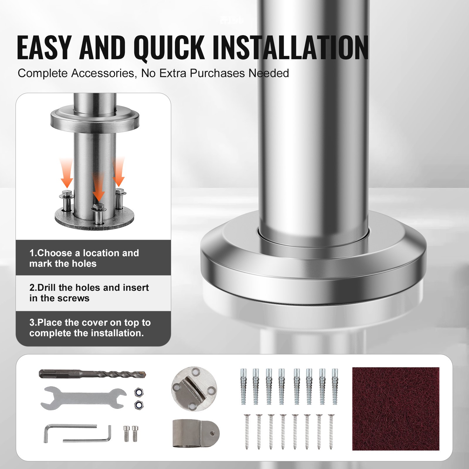 VEVOR Barandilla de Escalera 80 cm Pasamanos de Escalera para Escalones Exteriores de Acero Inoxidable Montaje en Pared y Suelo con Kit de Instalación para Personas Mayores, Porche, Terraza, Plata
