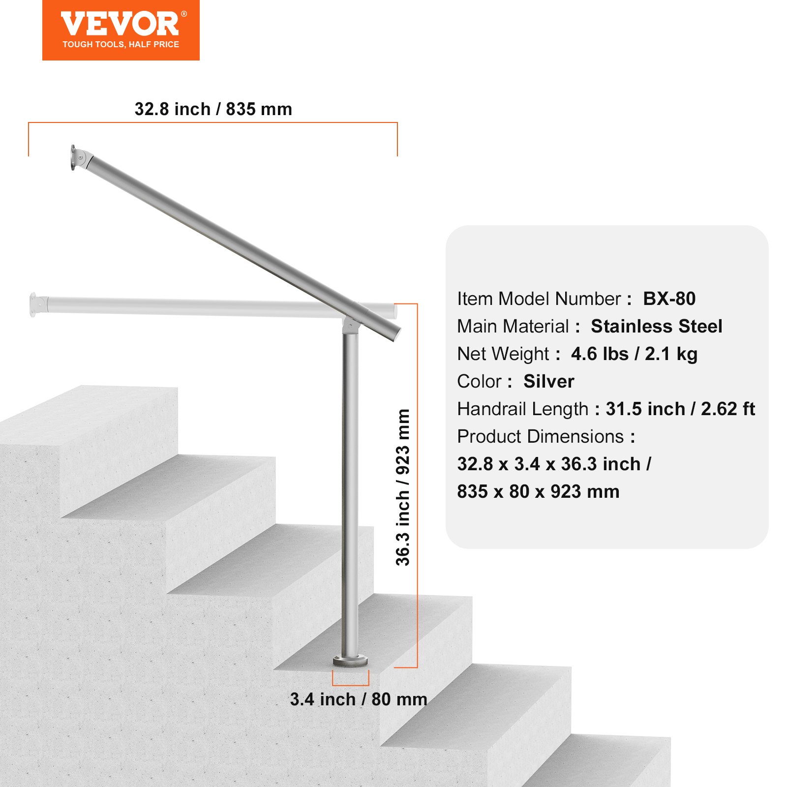VEVOR Barandilla de Escalera 80 cm Pasamanos de Escalera para Escalones Exteriores de Acero Inoxidable Montaje en Pared y Suelo con Kit de Instalación para Personas Mayores, Porche, Terraza, Plata