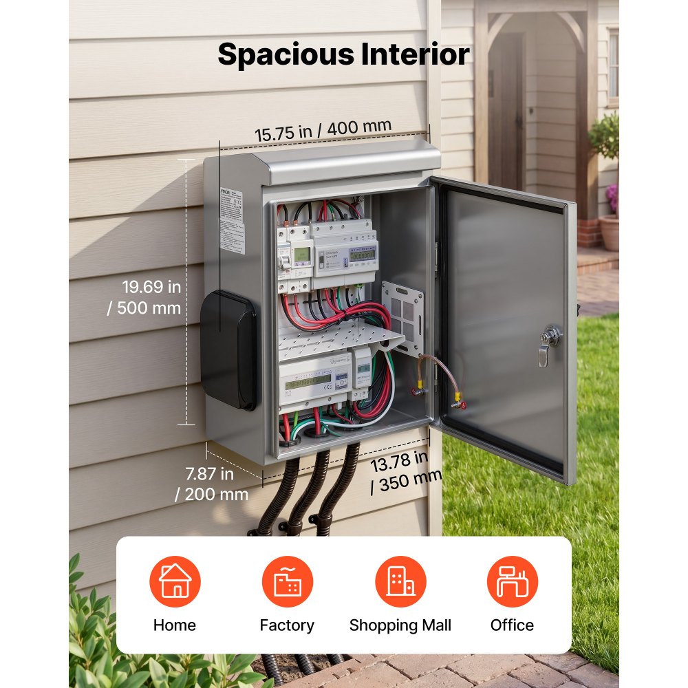 VEVOR Caja de Distribución Eléctrica, Armario de Distribución de Acero Inoxidable Impermeable con Termostato y Ventilador, Montaje en Pared, con Placa de Montaje, Conexión con Bisagra, 40x20x50 cm