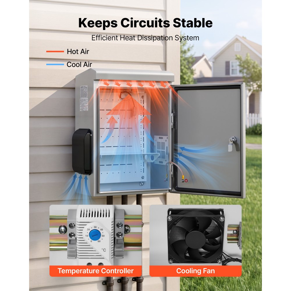 VEVOR Caja de Distribución Eléctrica, Armario de Distribución de Acero Inoxidable Impermeable con Termostato y Ventilador, Montaje en Pared, con Placa de Montaje, Conexión con Bisagra, 40x20x50 cm