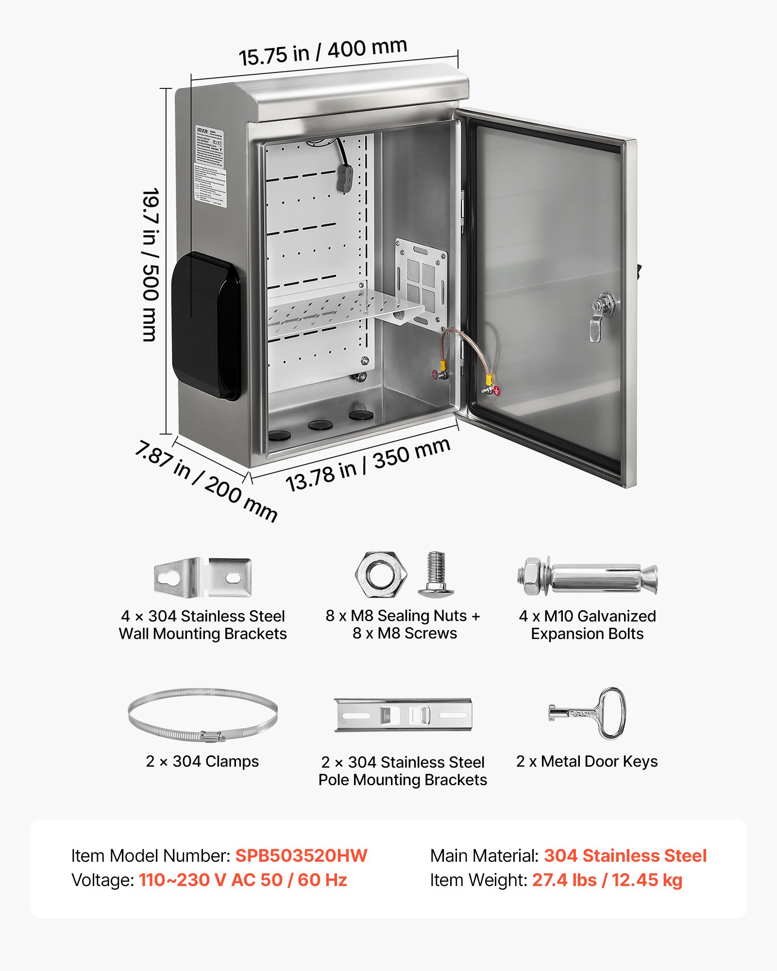 VEVOR Caja de Distribución Eléctrica, Armario de Distribución de Acero Inoxidable Impermeable con Termostato y Ventilador, Montaje en Pared, con Placa de Montaje, Conexión con Bisagra, 40x20x50 cm