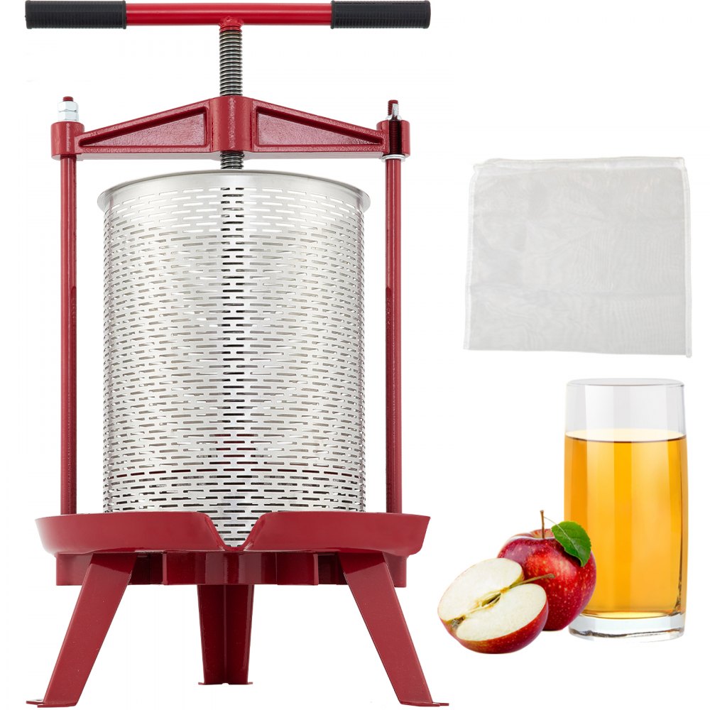 VEVOR Prensa de Vino de Frutas 14 L Prensa de Vino de Uvas con Cesta de Acero Inoxidable Prensa para Vino o Fruta, Marco de Hierro Fundido Revestido con Mango en T Ergonómico y 3 Pies de Apoyo Firmes