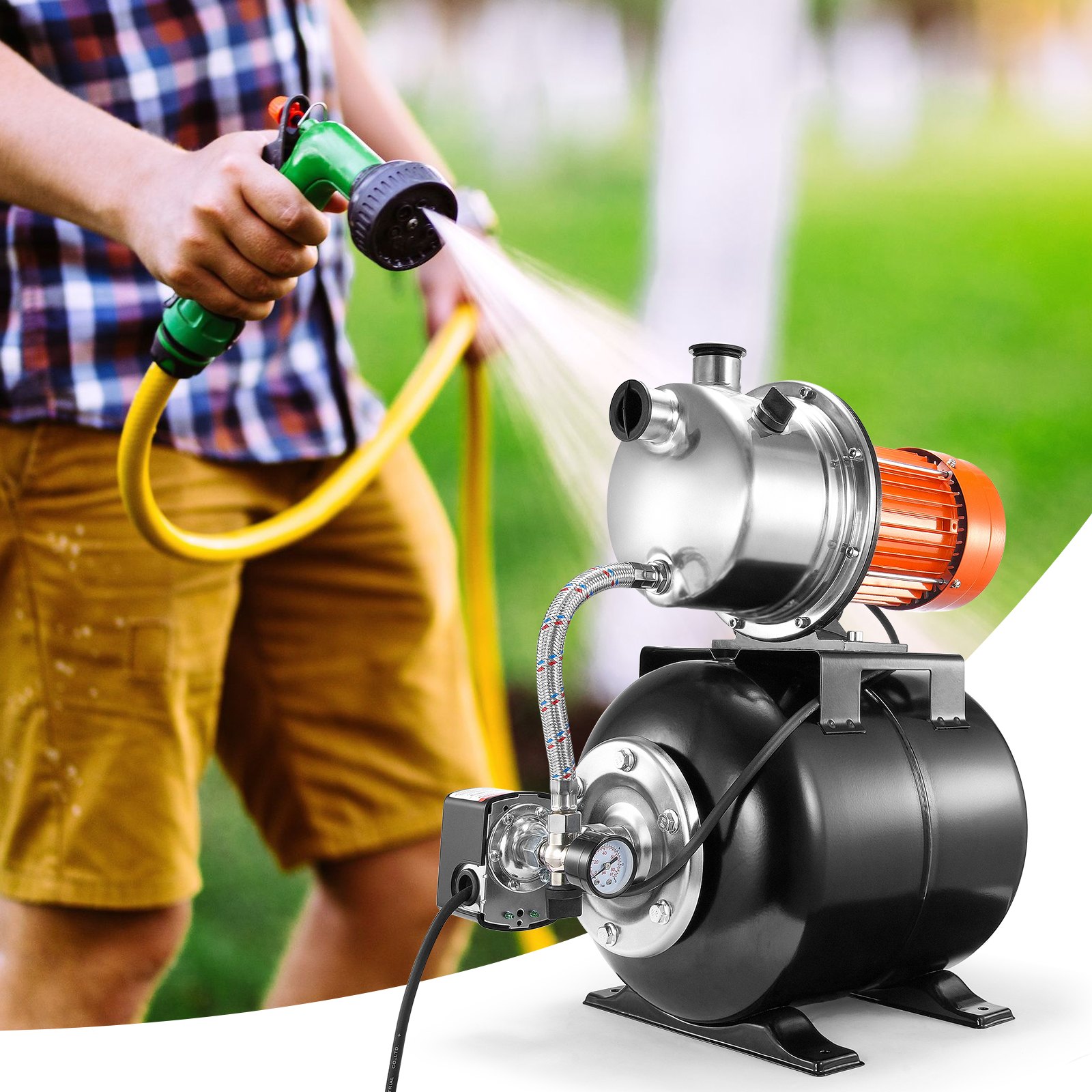 Bomba para pozos poco profundos VEVOR de 1 HP con tanque de presión, 1000 GPH, bomba de refuerzo de agua de riego automática con elevación de cabezal de 130 pies, interruptor de presión de 20/40 PSI, cabezal de bomba de acero inoxidable 304 para césped de jardín doméstico