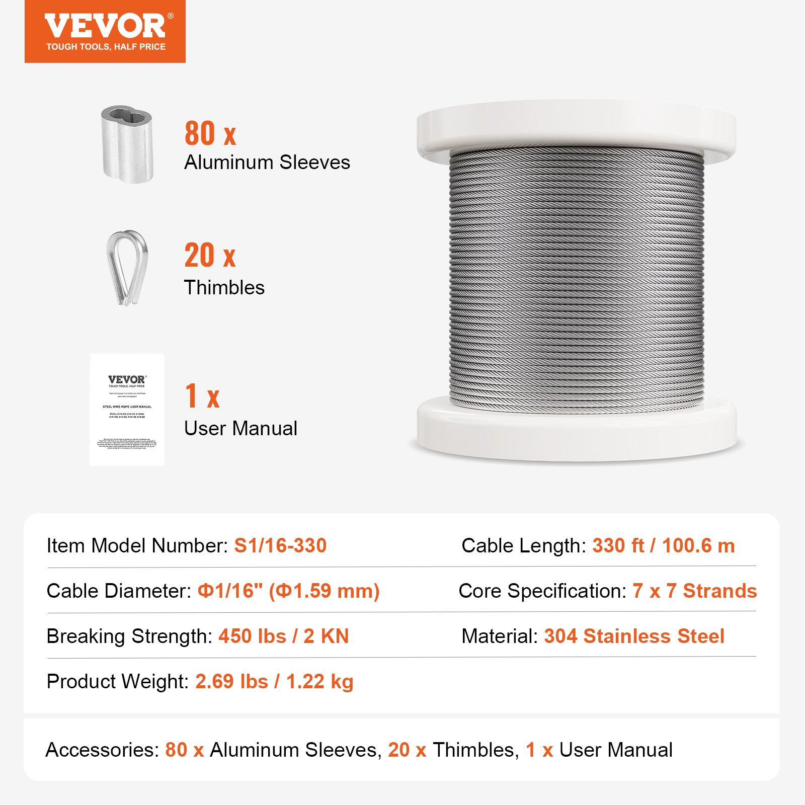VEVOR wire rope set, Ф1.59mmx100.6m, 304 stainless steel cable with 80 ferrules and 20 thimbles, 2kN breaking strength, 7x7 strands, marine aircraft grade for handrails, stairs, and outdoor patio fences