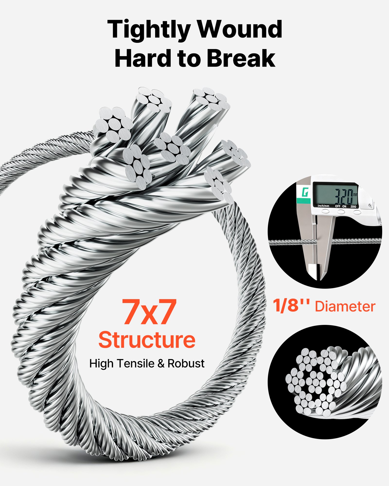 VEVOR Kit de Cable de Acero Inoxidable de 30,5 m, Trenzado 7 x 7, Diámetro de 3,2 mm, Carga Máxima 725 kg, con Engastador y Cortacables, para Barandillas, Iluminación Colgante y Proyectos de Bricolaje