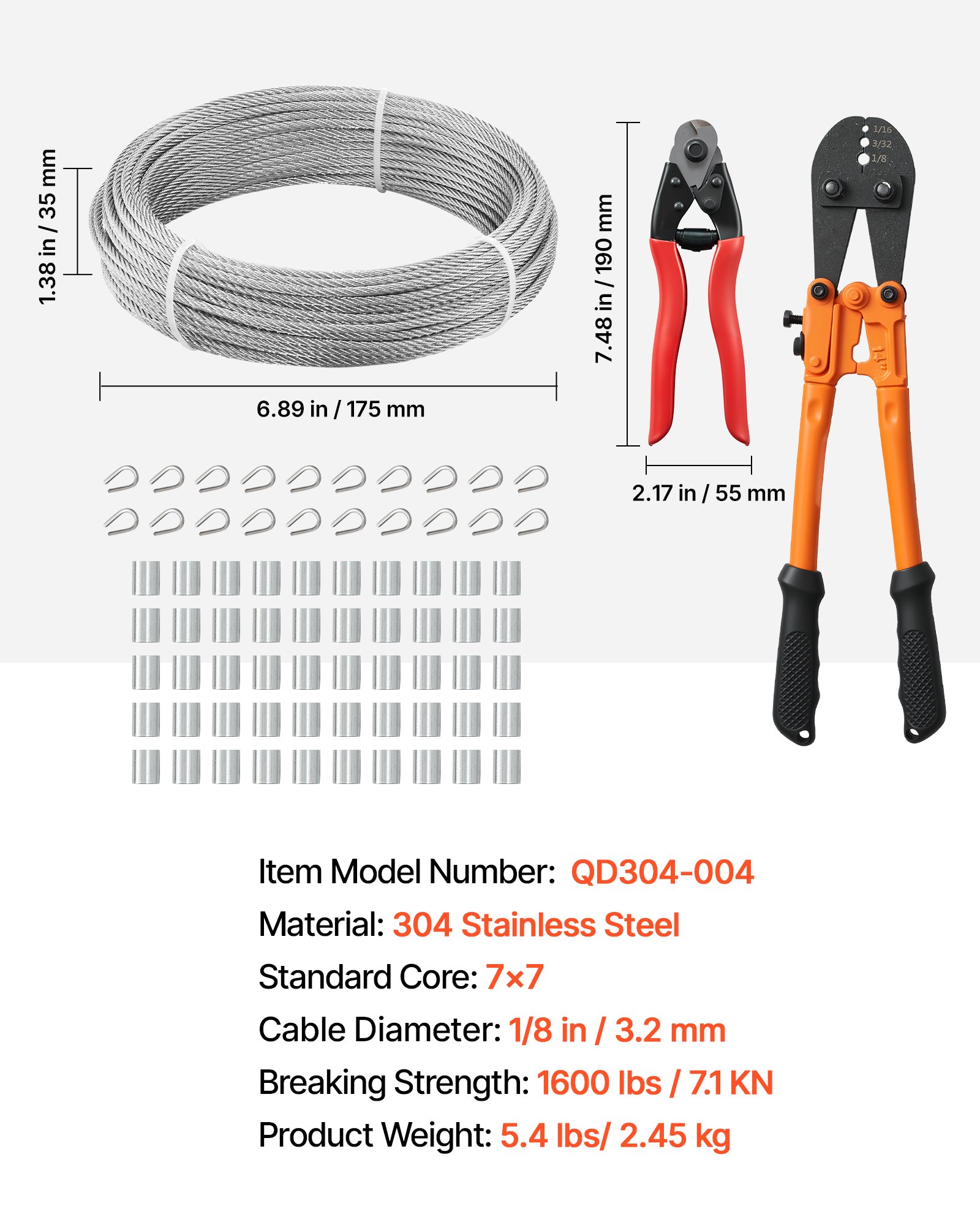 VEVOR Kit de Cable de Acero Inoxidable de 30,5 m, Trenzado 7 x 7, Diámetro de 3,2 mm, Carga Máxima 725 kg, con Engastador y Cortacables, para Barandillas, Iluminación Colgante y Proyectos de Bricolaje