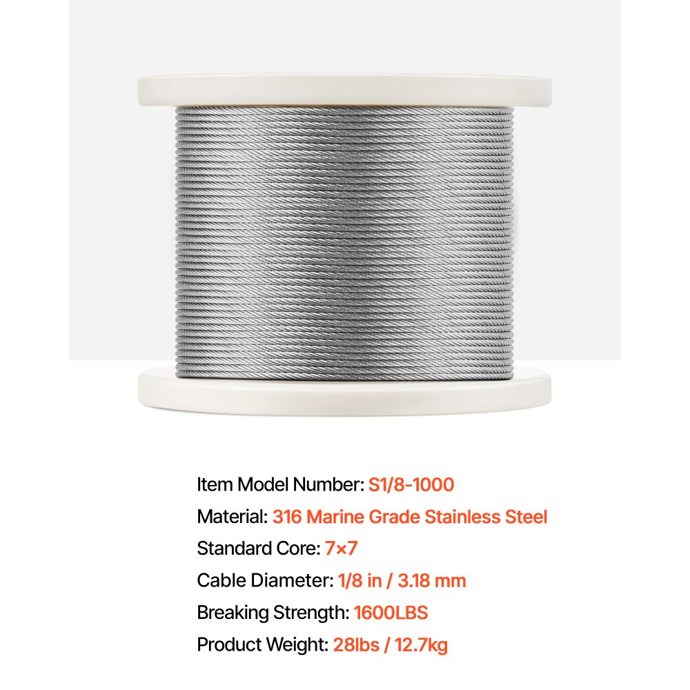 VEVOR Kit de Cables de Alambre de 3,18mm Alambre de Acero Inoxidable 316 de 305m con Cortador y Guantes, Resistencia a la Rotura de 7,1 kN, 7 x 7 Hebras, Cables de Grado de Aeronáutico para Pasamanos