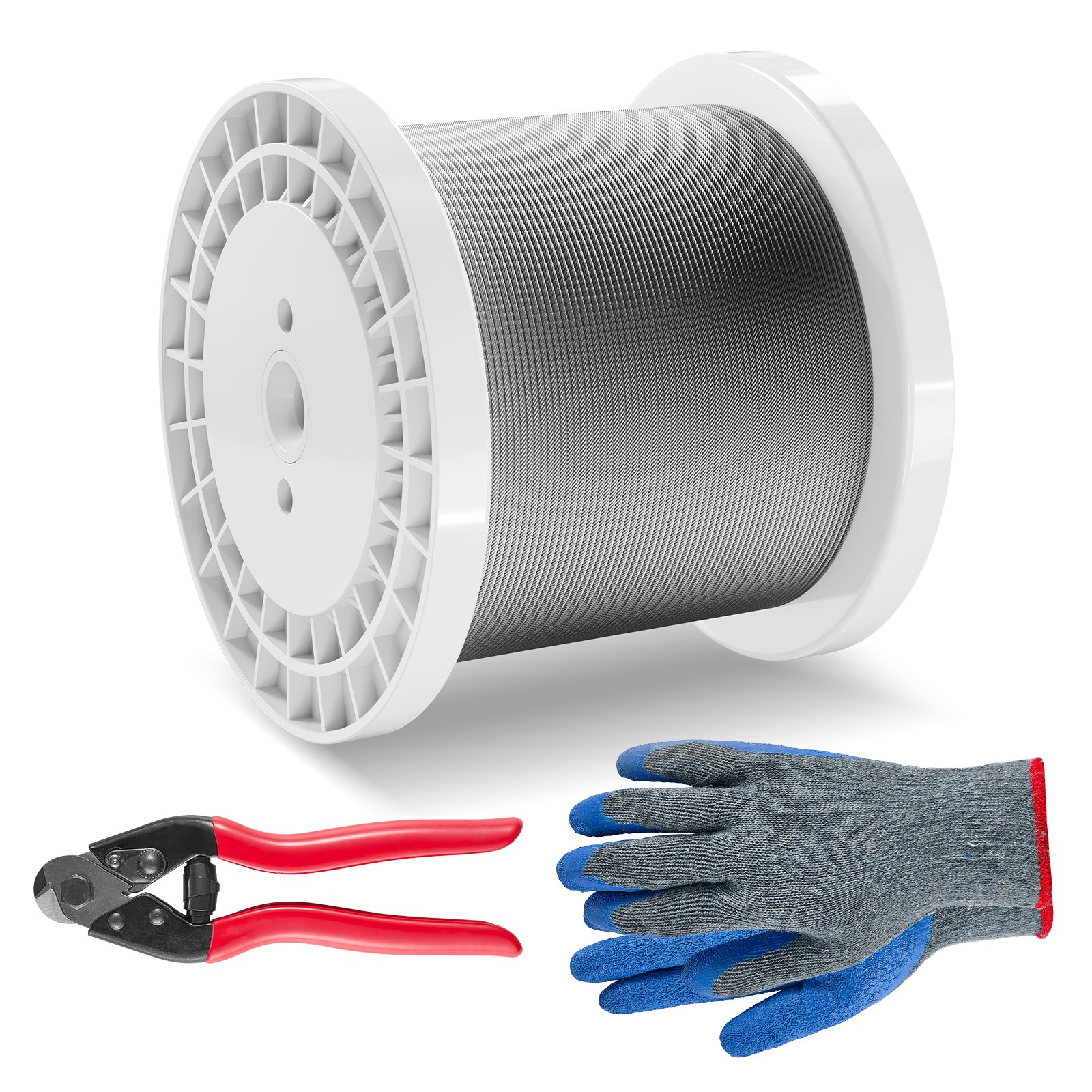 VEVOR Kit de Cables de Alambre de 3,18mm Alambre de Acero Inoxidable 316 de 305m con Cortador y Guantes, Resistencia a la Rotura de 7,1 kN, 7 x 7 Hebras, Cables de Grado de Aeronáutico para Pasamanos