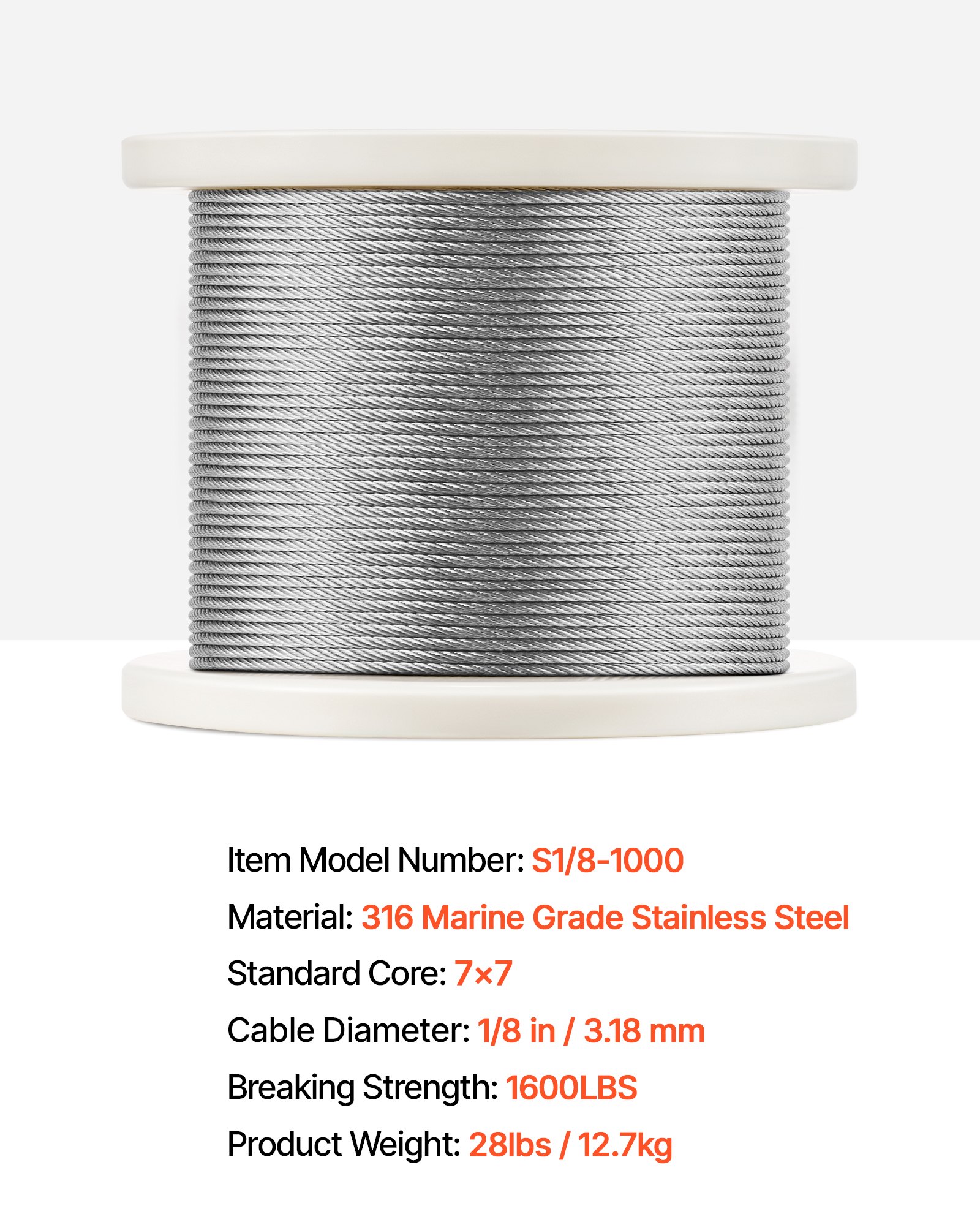 VEVOR Kit de Cables de Alambre de 3,18mm Alambre de Acero Inoxidable 316 de 305m con Cortador y Guantes, Resistencia a la Rotura de 7,1 kN, 7 x 7 Hebras, Cables de Grado de Aeronáutico para Pasamanos