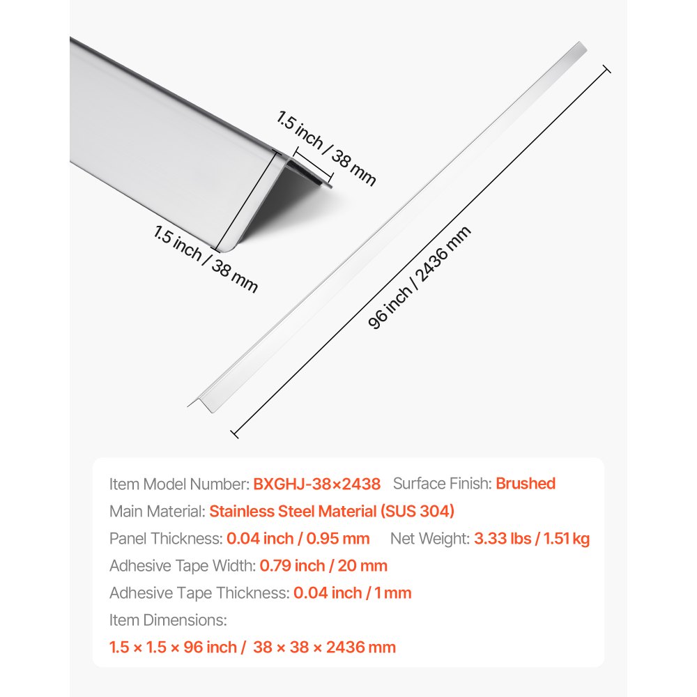 VEVOR Protector de Esquinas de Pared de Acero Inoxidable, 38 x 38 x 2436 mm, Borde de Acero Inoxidable 304 en Ángulo de 90 Grados para el Hogar, la Oficina, con Cinta Adhesiva de 3 m, 10 uds