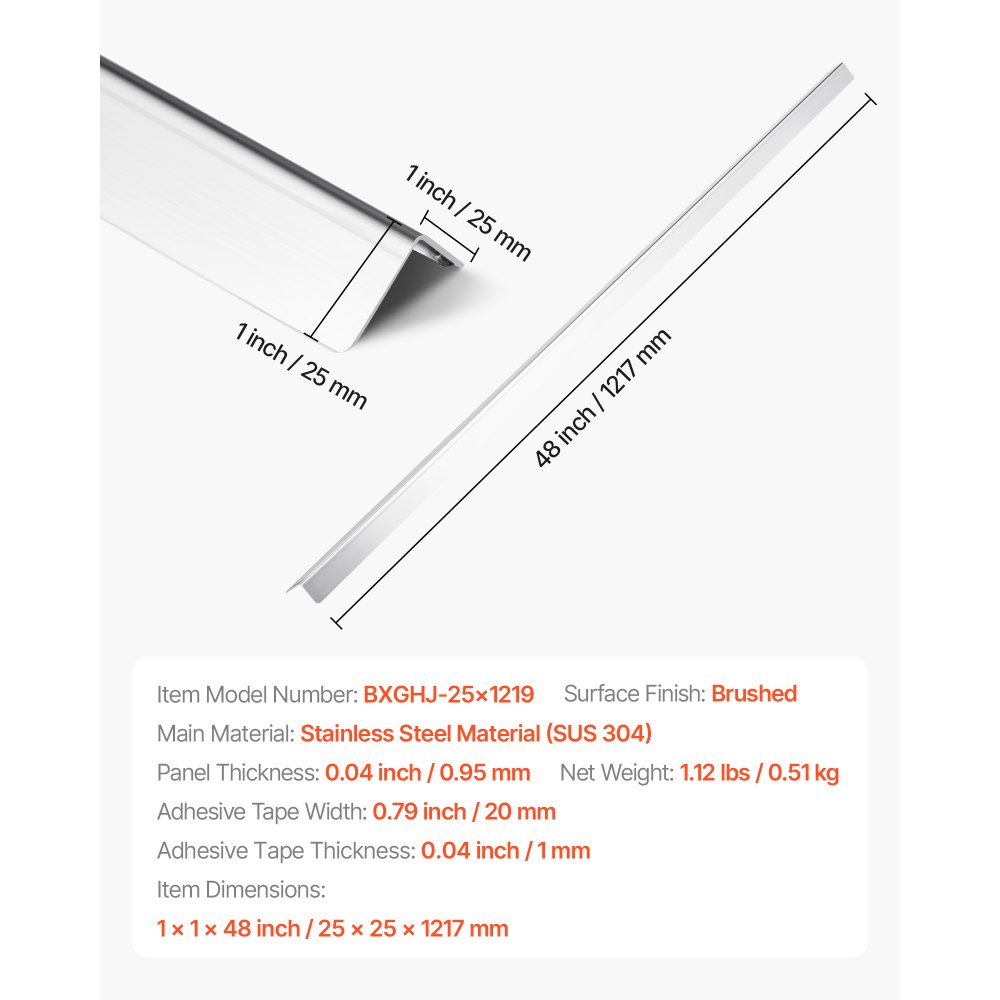 VEVOR Protector de Esquinas de Pared de Acero Inoxidable, 25 x 25 x 1217 mm, Borde de Acero Inoxidable 304 en Ángulo de 90 Grados para el Hogar, la Oficina, con Cinta Adhesiva de 3 m, 10 uds