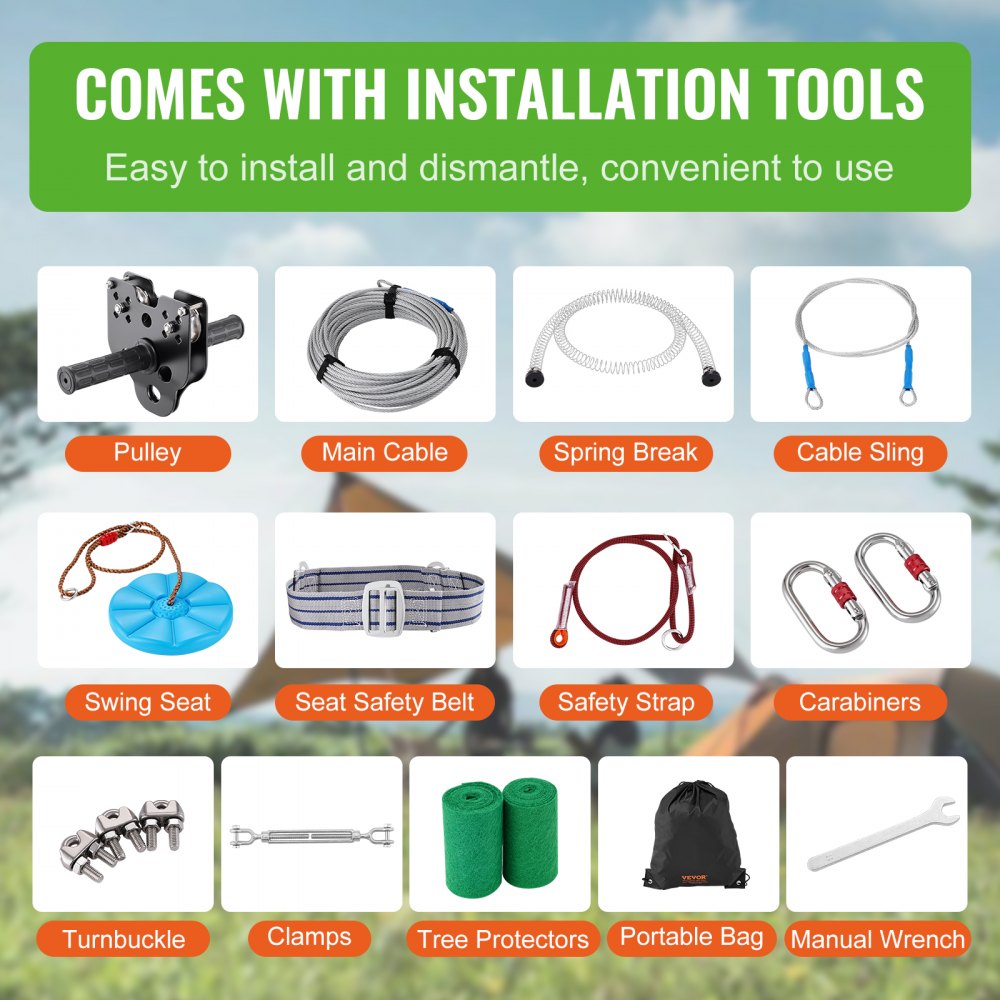 VEVOR Zipline, 30.48 m cable car for children, Zip Line Kit for children and adults up to 150 kg, Backyard Zip Line Kit with Improved Spring Brake System, cable car for garden, outdoor area, etc.