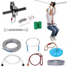 VEVOR Kit de Tirolesa de 30,5 m Carga de 150 kg, Fácil Configuración con Cinturón de Freno de Resorte y Arnés de Seguridad, para Jardín, Patio Trasero (Solo para Adolescentes, No Apto para Adultos)