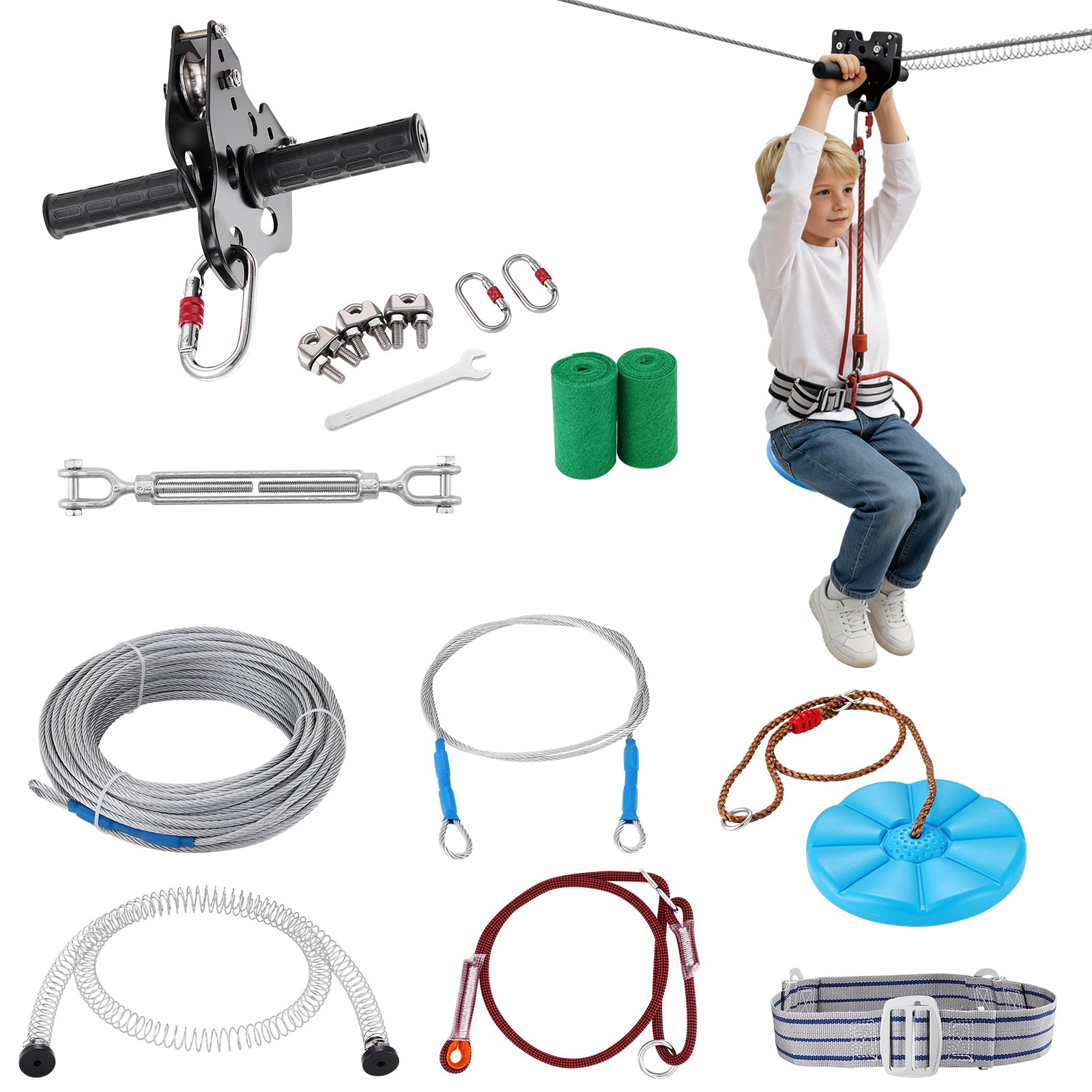 VEVOR Kit de Tirolesa de 24,4 m Carga de 150 kg, Fácil Configuración con Cinturón de Freno de Resorte y Arnés de Seguridad, para Jardín, Patio Trasero (Solo para Adolescentes, No Apto para Adultos)
