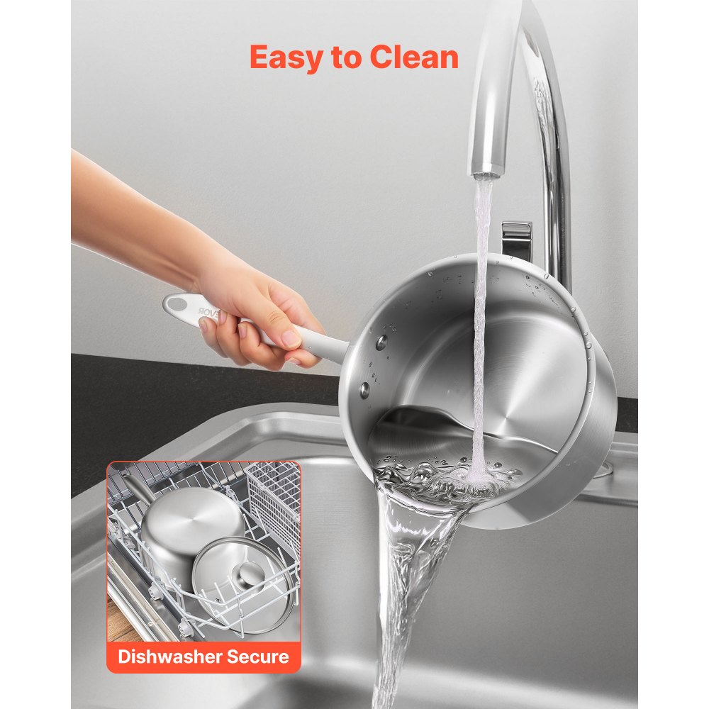 VEVOR Juego de Ollas y Cacerolas 0,95 + 1,89 + 2,84 L con Tapa de Cristal, para Sopa y Verduras con Mango Ergonómico, de Acero Inoxidable, Apta para Lavavajillas, Acabado Metálico Natural, 3 uds