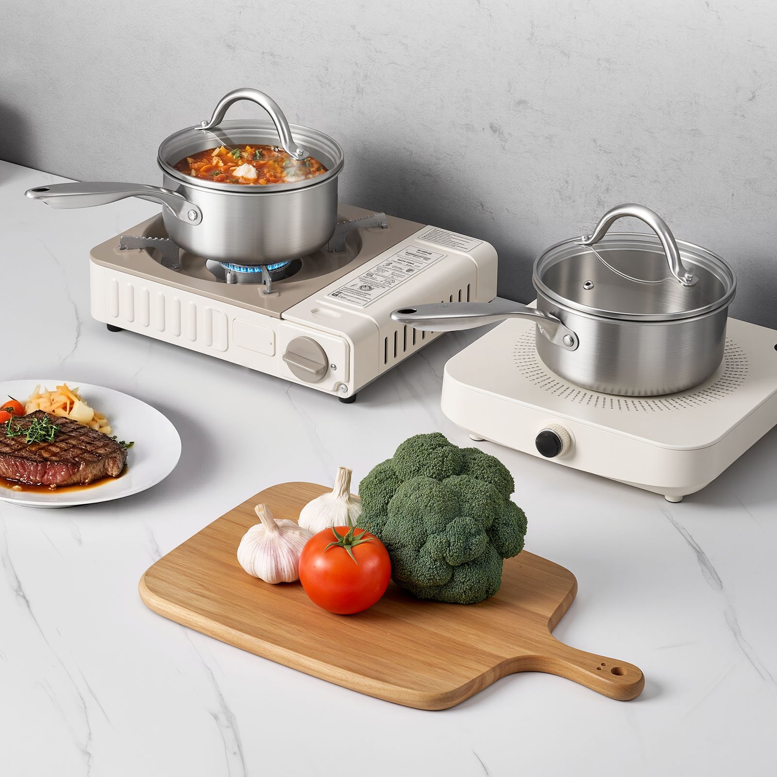 VEVOR Olla de 1,42 L con Tapa de Cristal, para Sopa y Verduras con Mango Ergonómico, de Acero Inoxidable, Apta para Lavavajillas, Fácil de Limpiar, Acabado Metálico Natural, 340 x 175 x 150 mm