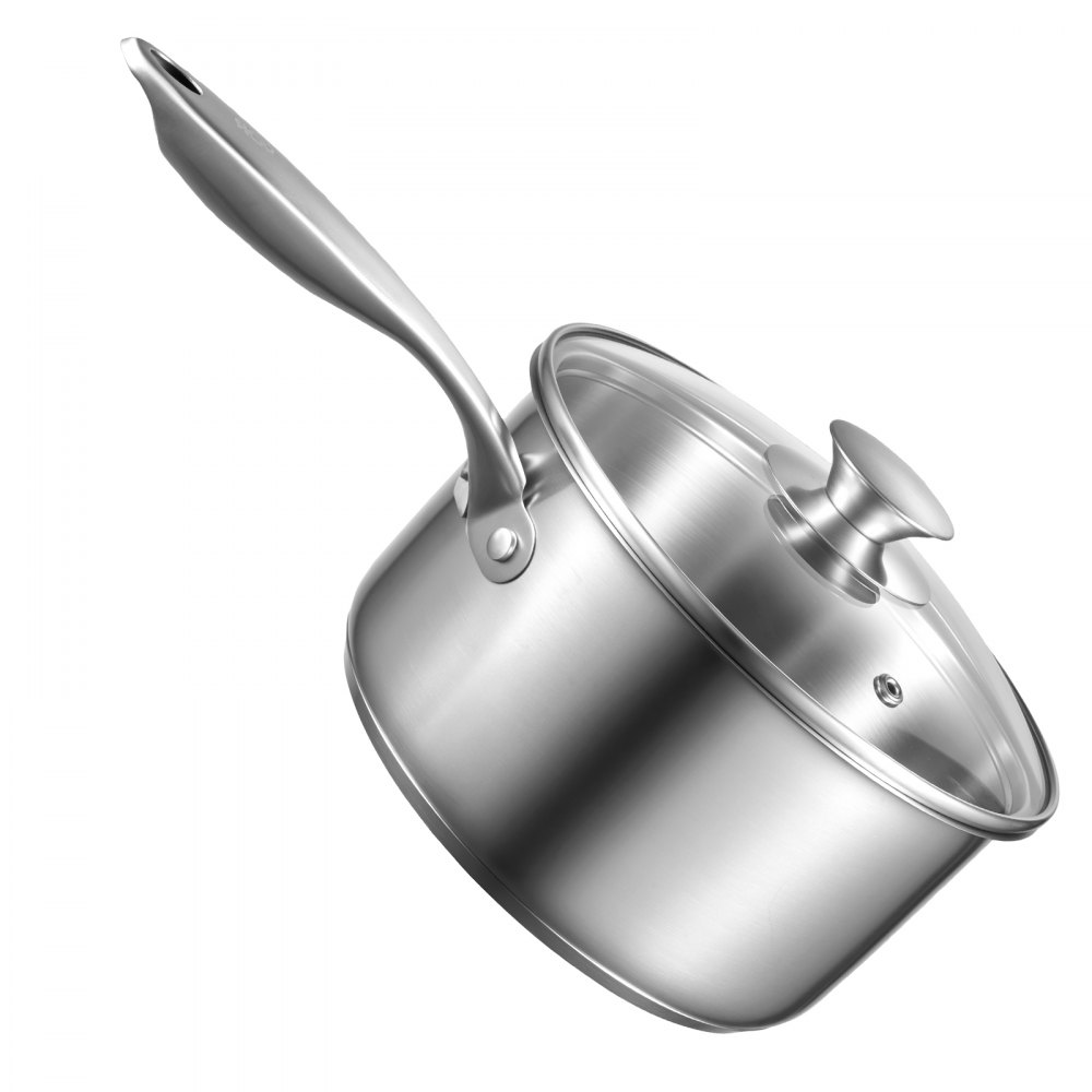 VEVOR Olla de Gran Capacidad de 2,37 L con Tapa de Cristal y Capa de Vapor, para Sopa y Verduras con Mango Ergonómico, de Acero Inoxidable Apta para Lavavajillas, 355 x 285 x 210 mm, Color Plata