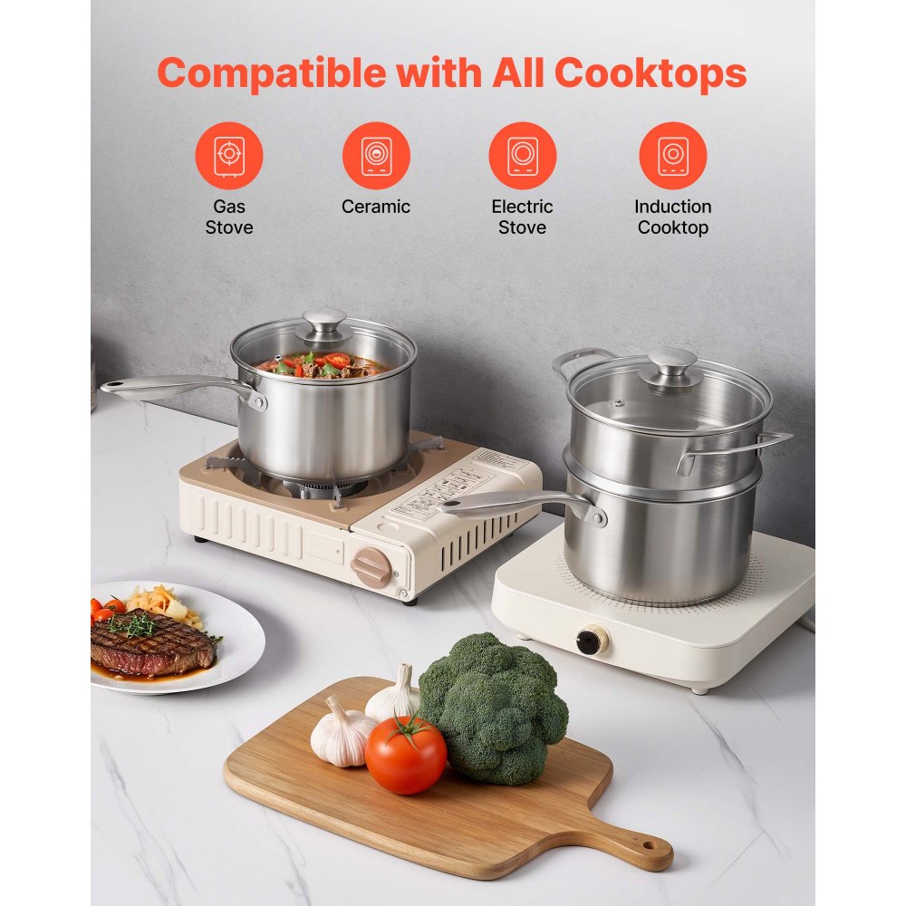 VEVOR Olla de Gran Capacidad de 2,37 L con Tapa de Cristal y Capa de Vapor, para Sopa y Verduras con Mango Ergonómico, de Acero Inoxidable Apta para Lavavajillas, 355 x 285 x 210 mm, Color Plata