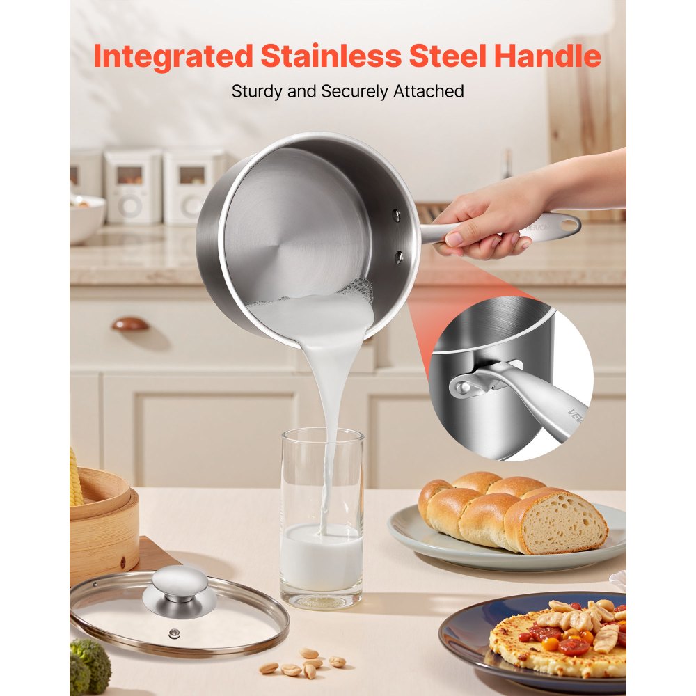VEVOR Olla de Gran Capacidad de 2,37 L con Tapa de Cristal y Capa de Vapor, para Sopa y Verduras con Mango Ergonómico, de Acero Inoxidable Apta para Lavavajillas, 355 x 285 x 210 mm, Color Plata