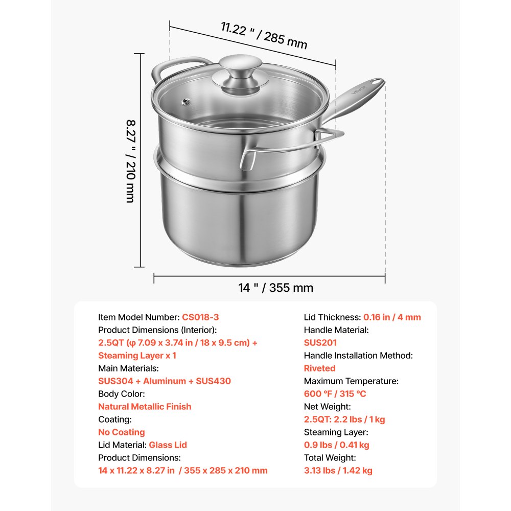 VEVOR Olla de Gran Capacidad de 2,37 L con Tapa de Cristal y Capa de Vapor, para Sopa y Verduras con Mango Ergonómico, de Acero Inoxidable Apta para Lavavajillas, 355 x 285 x 210 mm, Color Plata