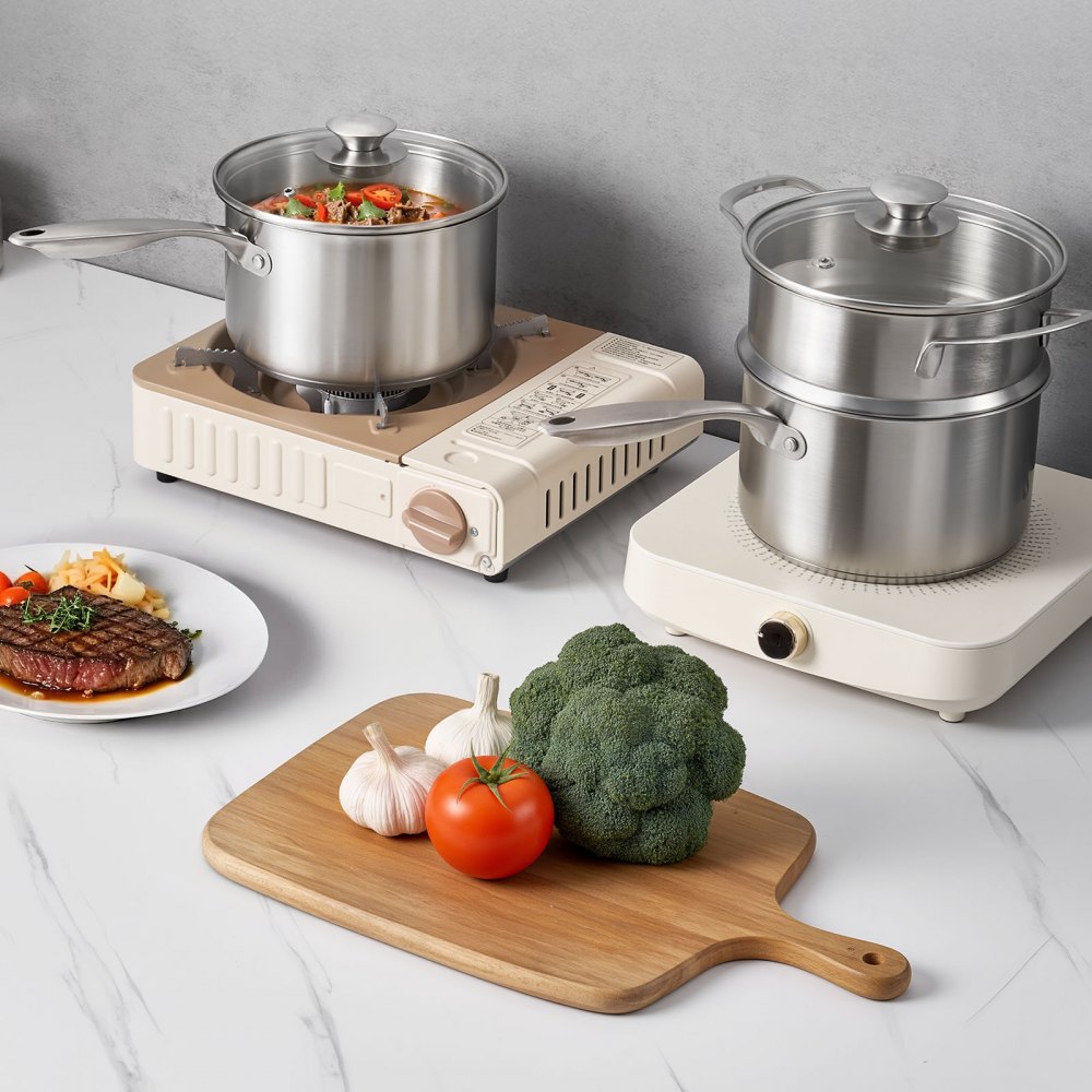 VEVOR Olla de Gran Capacidad de 2,37 L con Tapa de Cristal y Capa de Vapor, para Sopa y Verduras con Mango Ergonómico, de Acero Inoxidable Apta para Lavavajillas, 355 x 285 x 210 mm, Color Plata