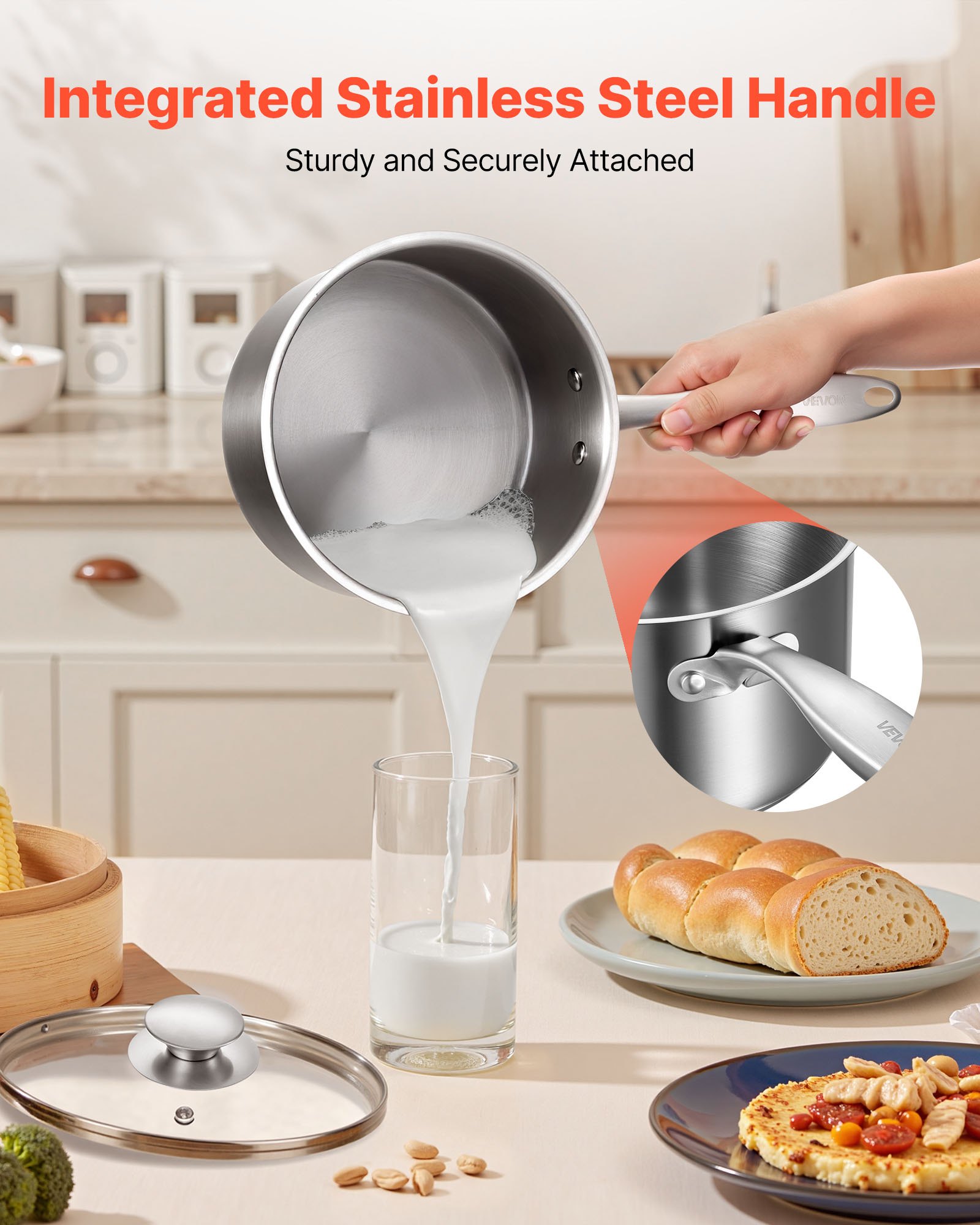 VEVOR Olla de Gran Capacidad de 2,37 L con Tapa de Cristal y Capa de Vapor, para Sopa y Verduras con Mango Ergonómico, de Acero Inoxidable Apta para Lavavajillas, 355 x 285 x 210 mm, Color Plata