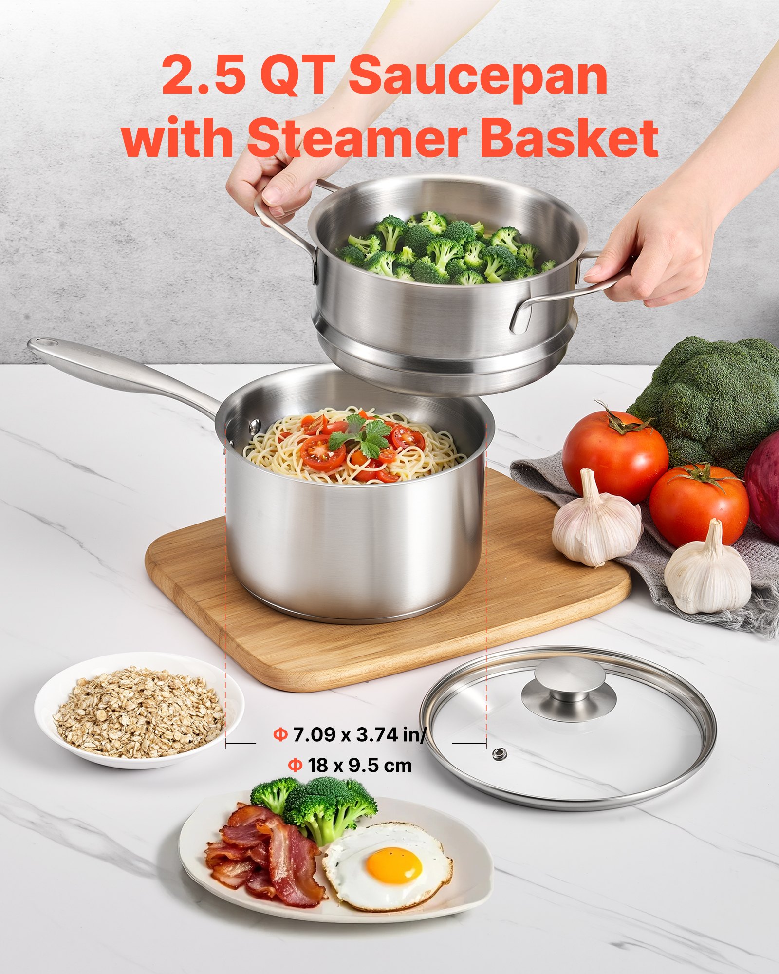 VEVOR Olla de Gran Capacidad de 2,37 L con Tapa de Cristal y Capa de Vapor, para Sopa y Verduras con Mango Ergonómico, de Acero Inoxidable Apta para Lavavajillas, 355 x 285 x 210 mm, Color Plata