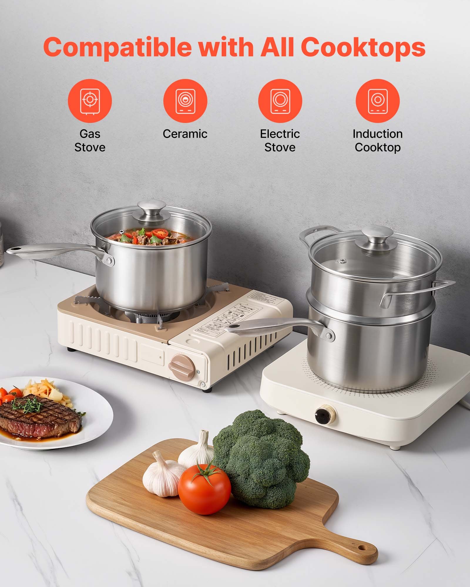 VEVOR Olla de Gran Capacidad de 2,37 L con Tapa de Cristal y Capa de Vapor, para Sopa y Verduras con Mango Ergonómico, de Acero Inoxidable Apta para Lavavajillas, 355 x 285 x 210 mm, Color Plata