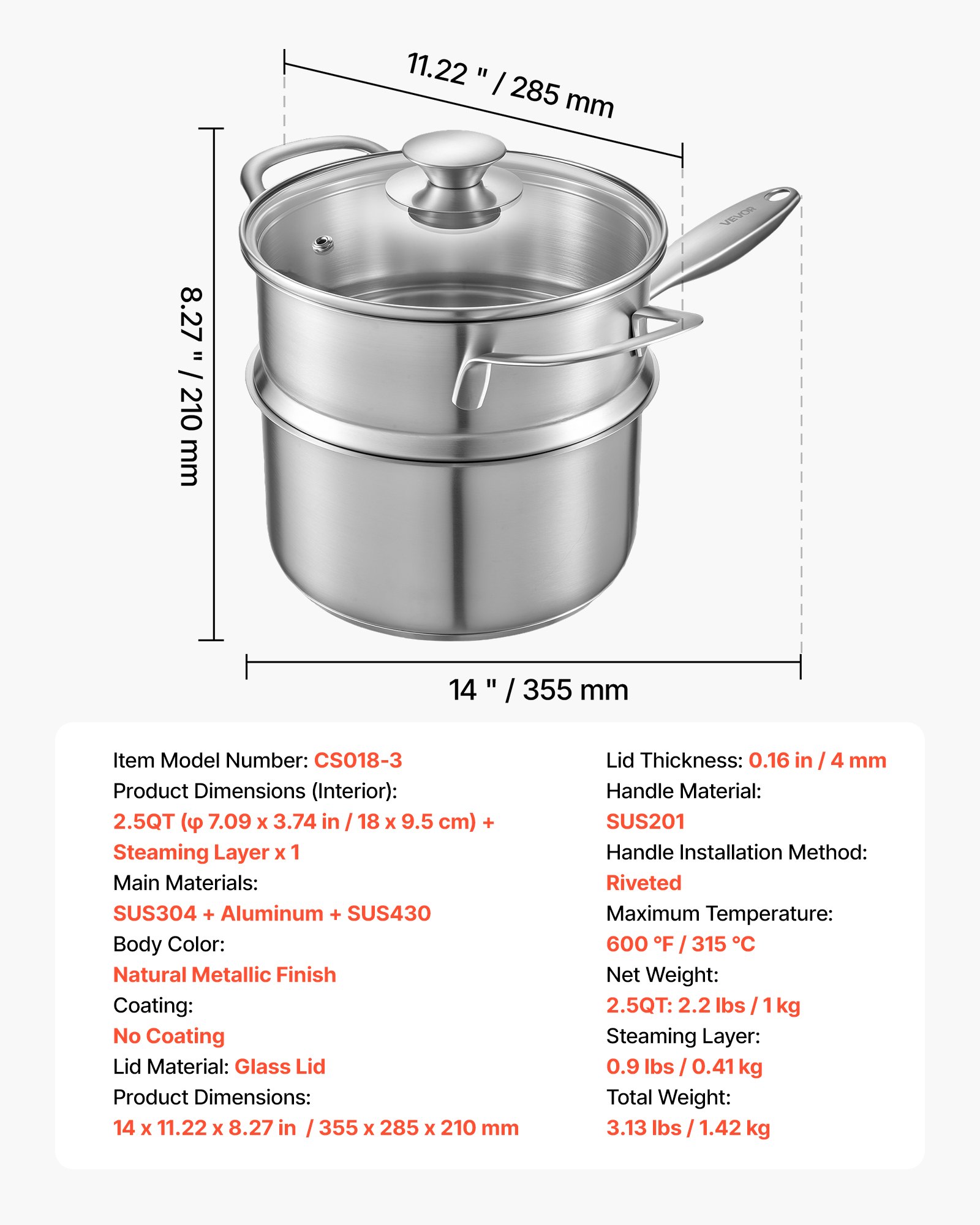 VEVOR Olla de Gran Capacidad de 2,37 L con Tapa de Cristal y Capa de Vapor, para Sopa y Verduras con Mango Ergonómico, de Acero Inoxidable Apta para Lavavajillas, 355 x 285 x 210 mm, Color Plata