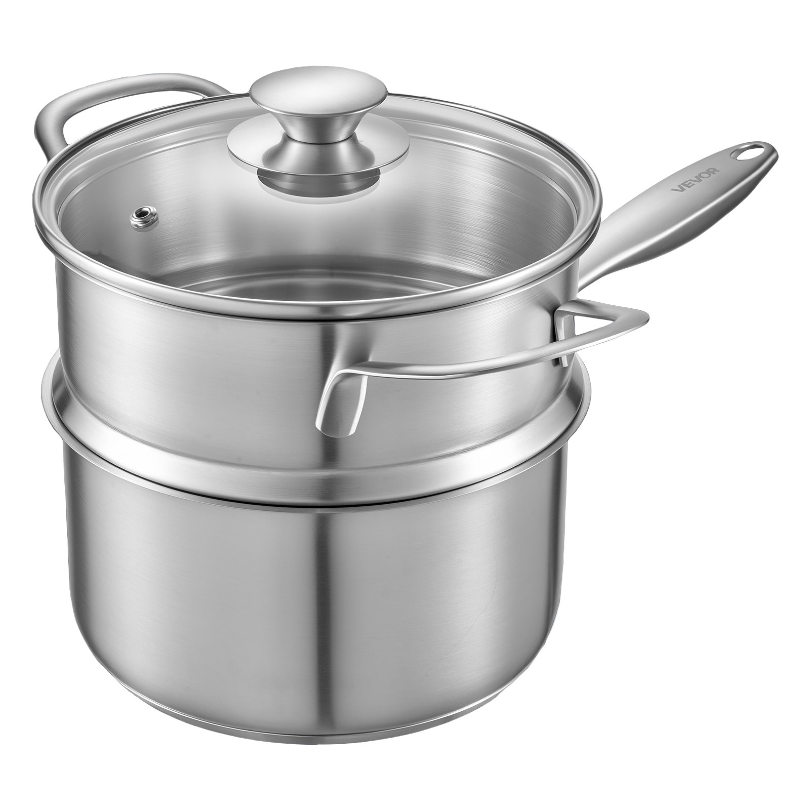 VEVOR Olla de Gran Capacidad de 2,37 L con Tapa de Cristal y Capa de Vapor, para Sopa y Verduras con Mango Ergonómico, de Acero Inoxidable Apta para Lavavajillas, 355 x 285 x 210 mm, Color Plata
