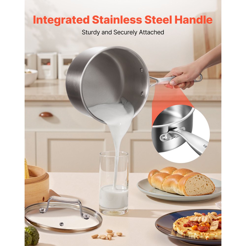 VEVOR 4 QT Saucepan, Stainless Steel Saucepan with Glass Lid, Multipurpose Nonstick Stainless Steel Small Cooking Sauce Pot with Ergonomic Handle, Friendly for Oven, Dishwasher, Induction Cooker
