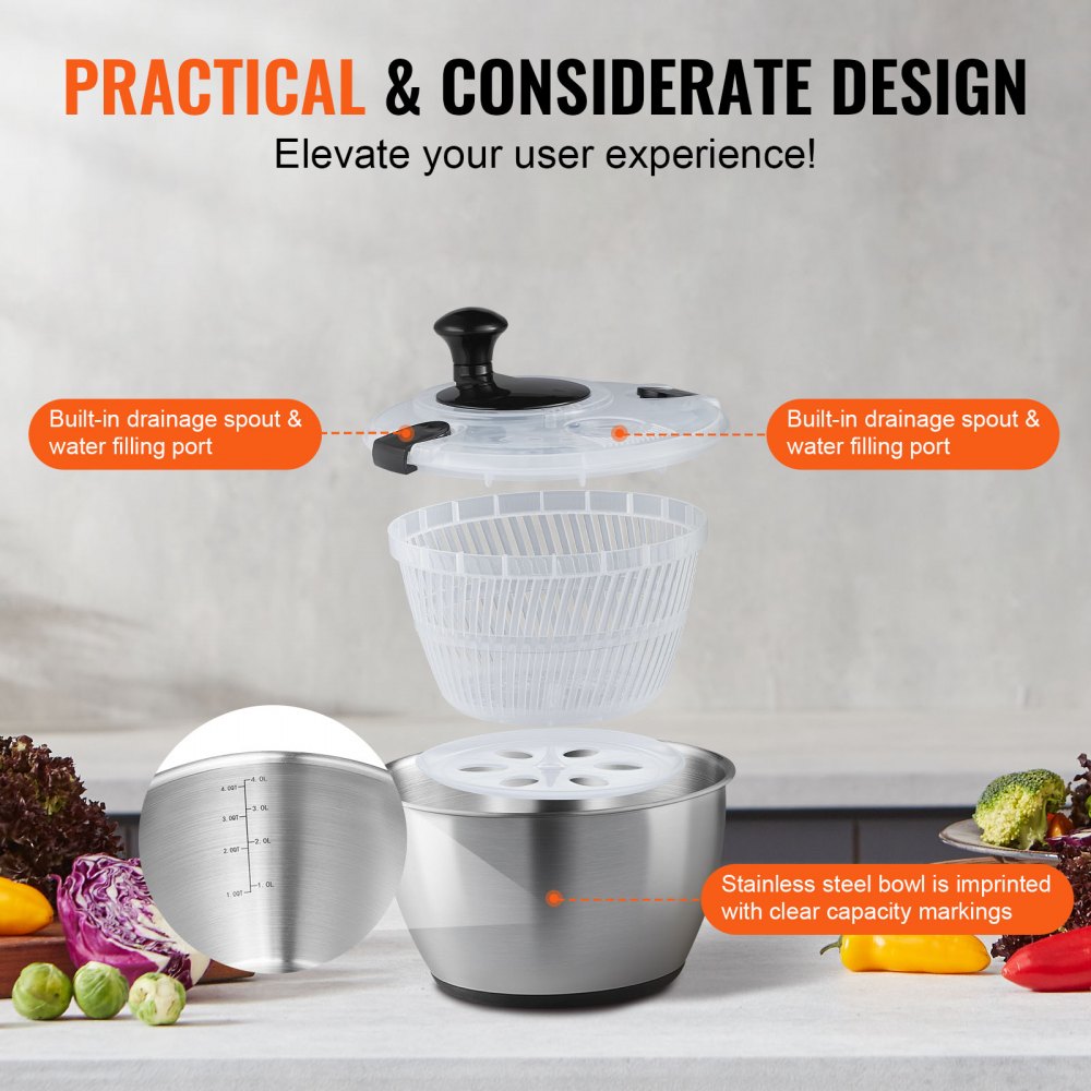 VEVOR Salad Spinner/Dryer with Crank Drive, 4.5 L, Vegetable Dryer, Washing Machine, Salad Cleaner & Dryer with Stainless Steel Bowl Lid, Suitable for Vegetables, Herbs, Berries, Fruits