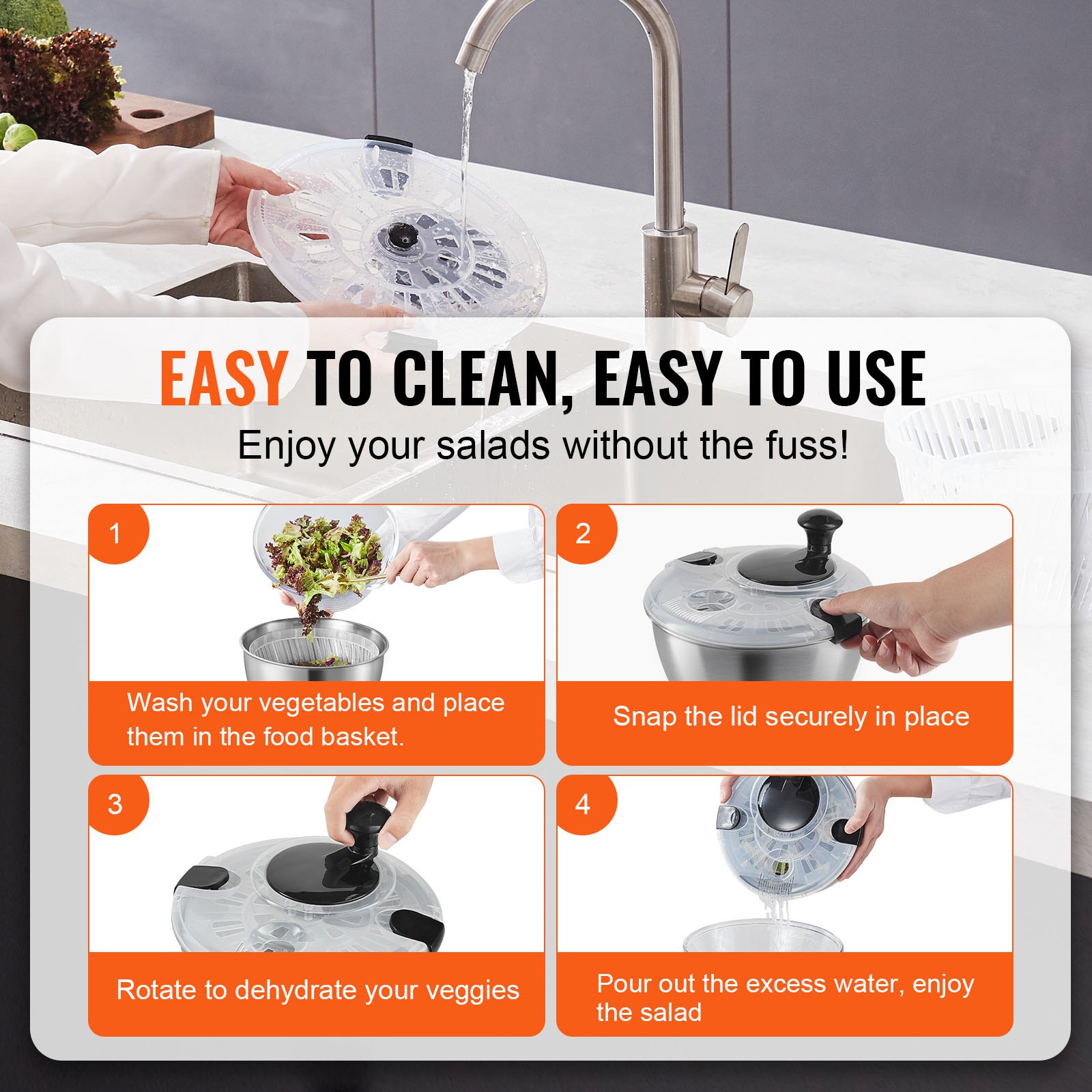 VEVOR Salad Spinner/Dryer with Crank Drive, 4.5 L, Vegetable Dryer, Washing Machine, Salad Cleaner & Dryer with Stainless Steel Bowl Lid, Suitable for Vegetables, Herbs, Berries, Fruits