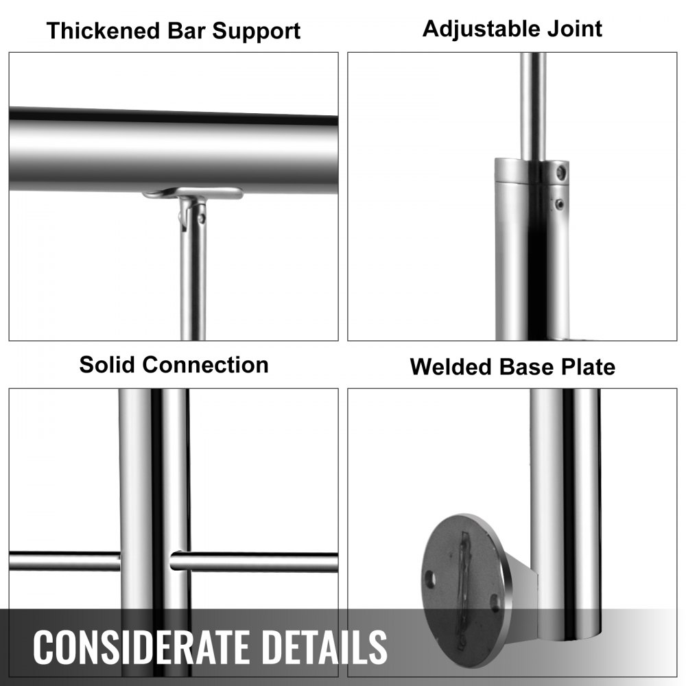 VEVOR Barandillas de Acero Inoxidable 1,5m Pasamanos de Acero Inoxidable con 5 Barras Altura Total 100-104 cm Pasamanos de Acero Inoxidable con Barras Transversales de Seguridad y Apariencia Elegante