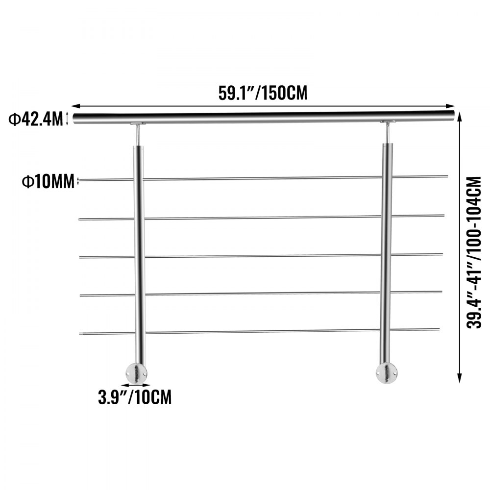 VEVOR Barandillas de Acero Inoxidable 1,5m Pasamanos de Acero Inoxidable con 5 Barras Altura Total 100-104 cm Pasamanos de Acero Inoxidable con Barras Transversales de Seguridad y Apariencia Elegante