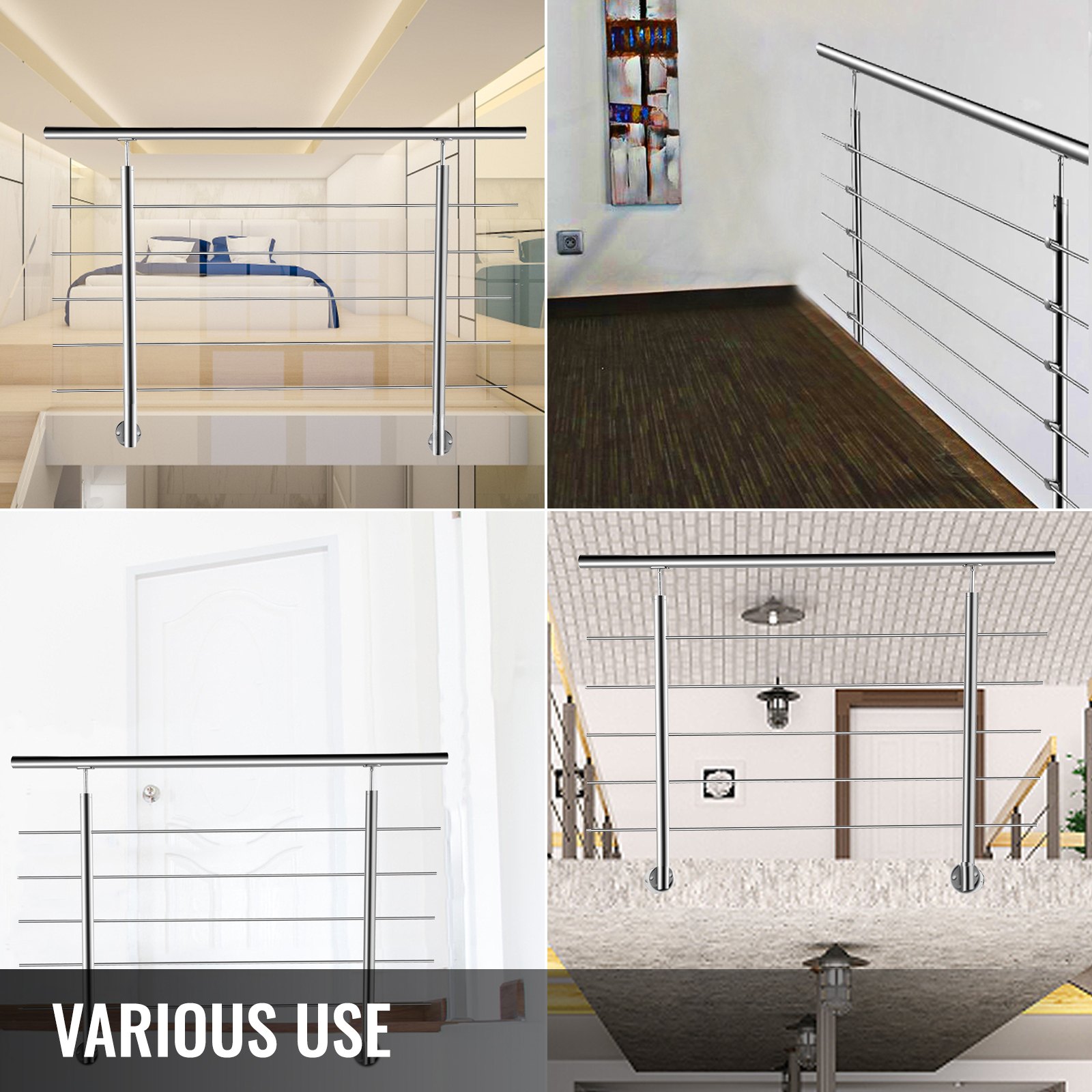 VEVOR Barandillas de Acero Inoxidable 1,5m Pasamanos de Acero Inoxidable con 5 Barras Altura Total 100-104 cm Pasamanos de Acero Inoxidable con Barras Transversales de Seguridad y Apariencia Elegante