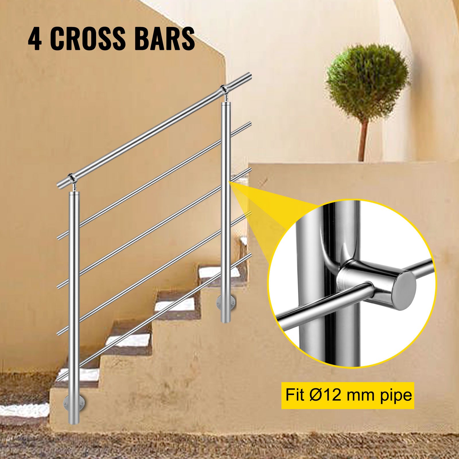 Vevor Poste Para Pasamanos Con 4 Barras De 110 Cm Barandillas Acero Inoxidable