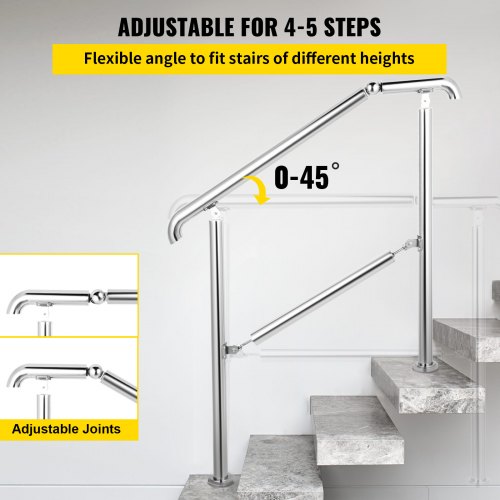 VEVOR Pasamanos Escalera de Acero Inoxidable 304, Barandilla Escalera de 1 a 5, Pasamanos para Escaleras de Color Plata, Pasamanos de Pared Ángulo Ajustable 0-60°, Montaje en Pared Capacidad de 100 kg