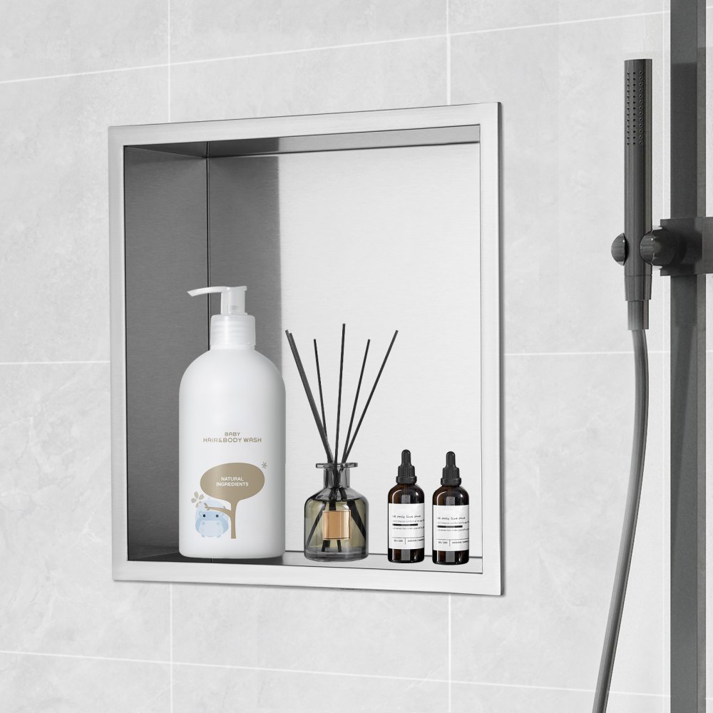 VEVOR Nicho Empotrable para Baño 33,02x33,02 cm Nicho de Ducha Montado en Pared Estante Doble Acero Inoxidable 304 Sellado Impermeable Fácil de Limpiar para Almacenamiento Jabón Ducha Baño, Plata