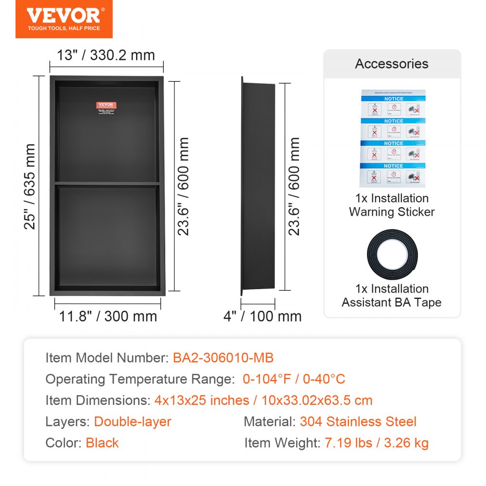 VEVOR Wall Niche 10x33.02x63.5cm Shower Niche Stainless Steel Niche Double Layer 100% Waterproof Niche Installation 0-40°C Operating Temperature 92° Internal Corner Design Ideal for Bathroom Bedroom Study