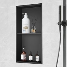 VEVOR Nicho Empotrable para Baño 33,02x63,5 cm Nicho de Ducha Montado en Pared Estante Doble Acero Inoxidable 304 Sellado Impermeable Fácil de Limpiar para Ducha Almacenamiento de Jabón Baño, Negro